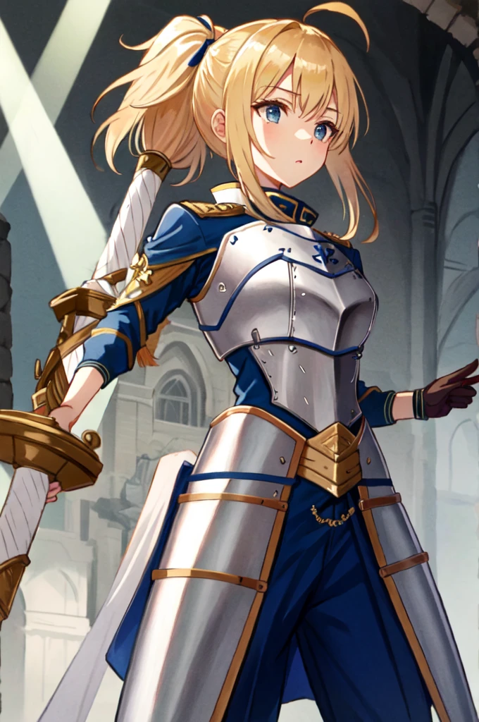  tall blond ponytail 、White long sleeve top（ Saber classics with ribbons and frills ）、 Light armor-like shoulder rests and metallic chest decorations 、 combat skirt （ slits for easy movement ） or fitted pants style 、 Gold lines and emblem embroidery create nobility、 Weapons have oversized swords 、Dignified Warrior Pose 、 Backgrounds are medieval-style castles and battlefields with magic circles 。