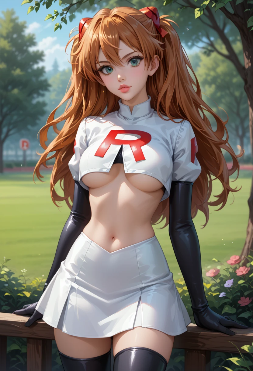 score_9, score_8_up, score_7_up, 1girl, solo, beautiful waifu, (Asuka Langley Soryu:1.2), filled lips, thick lips, detailed eyes, detailed face, flirt, looking at viewer, Cosplay_TeamRocket, team rocket uniform, white jacket, cropped jacket, white skirt, elbow gloves, black thigh highs, underboob, in beautiful green park, trees, low light, early evening, shallow depth of field.