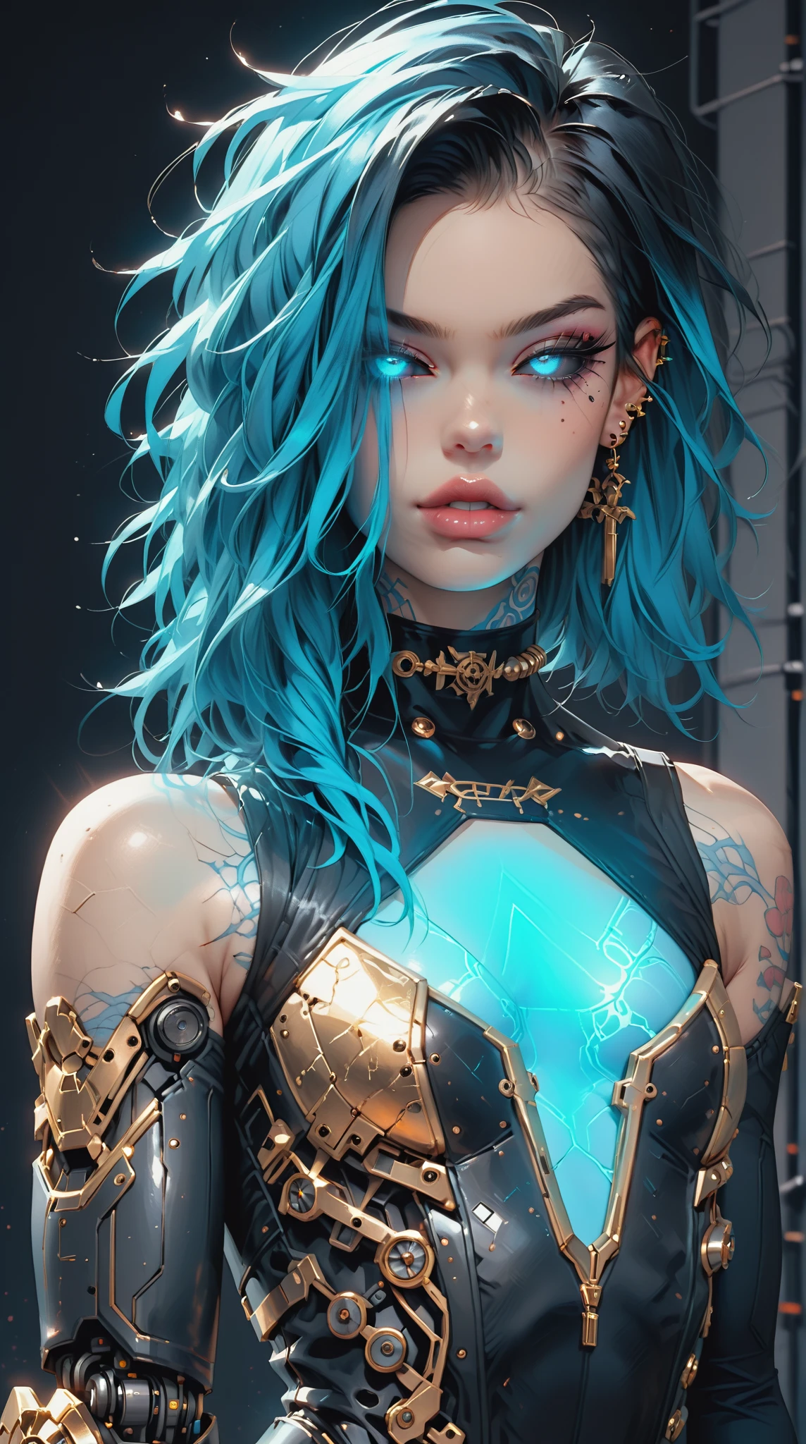 (nsfw:1), (Uncensored:1), score_9, score_8_up, score_7_up, (Three quarters Shot), (1 girl), (asian), beautiful teenage (skinny) muscular goth cyborg girl, (full Cybernetic bodysuit:1.5), (black sclera:1.5), (blue glowing eyes:1.5), (blue glowing body veins:1.5), (flat chest:1.25), (blue glowing hair:1.25), (beautiful face:1.25), (bodybuilder femboy physique:1.25), (skinny long legs:0.75), (gold cracks:1.25), bimbo lips, cowboy shot, cybernetic, mechanoid body parts, exposed cables and circuits, neon lights, gothic neon style, cyber punk style, super realistic image, beautiful digital paint , hyper Realistic illustrations, 