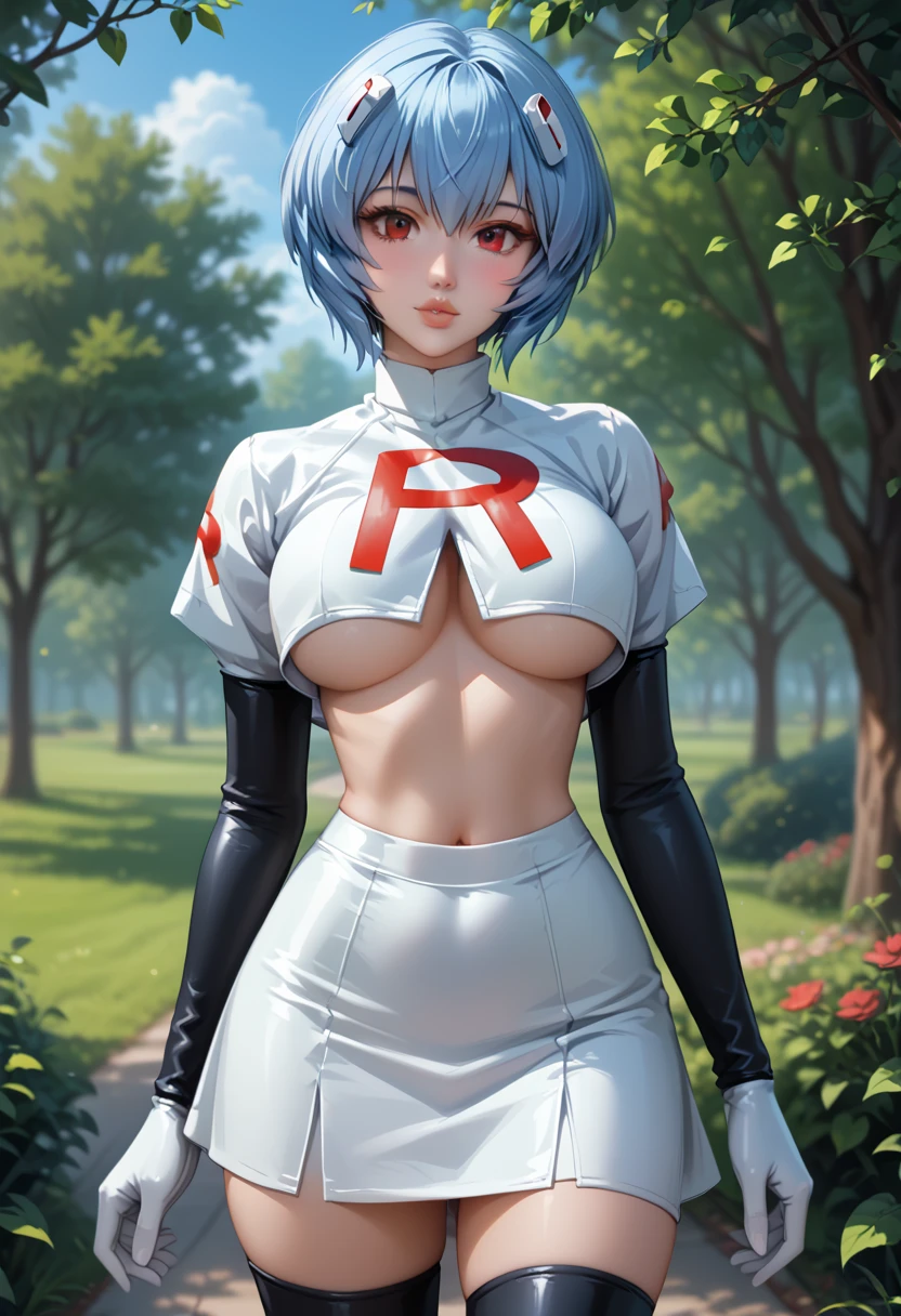 score_9, score_8_up, score_7_up, 1girl, solo, beautiful waifu, (Rei Ayanami:1.2), filled lips, thick lips, detailed eyes, detailed face, flirt, looking at viewer, Cosplay_TeamRocket, team rocket uniform, white jacket, cropped jacket, white skirt, elbow gloves, black thigh highs, underboob, in beautiful green park, trees, low light, early evening, shallow depth of field.