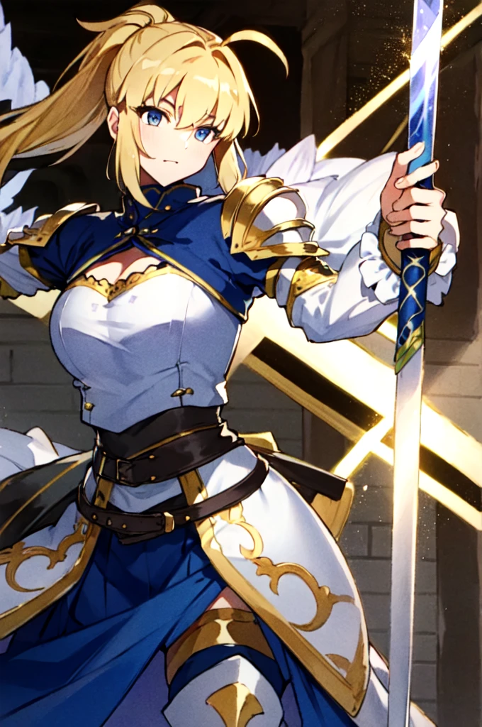  tall blond ponytail 、White long sleeve top（ Saber classics with ribbons and frills ）、 Light armor-like shoulder rests and metallic chest decorations 、 combat skirt （ slits for easy movement ） or fitted pants style 、 Gold lines and emblem embroidery create nobility、 Weapons have oversized swords 、Dignified Warrior Pose 、 Backgrounds are medieval-style castles and battlefields with magic circles 。