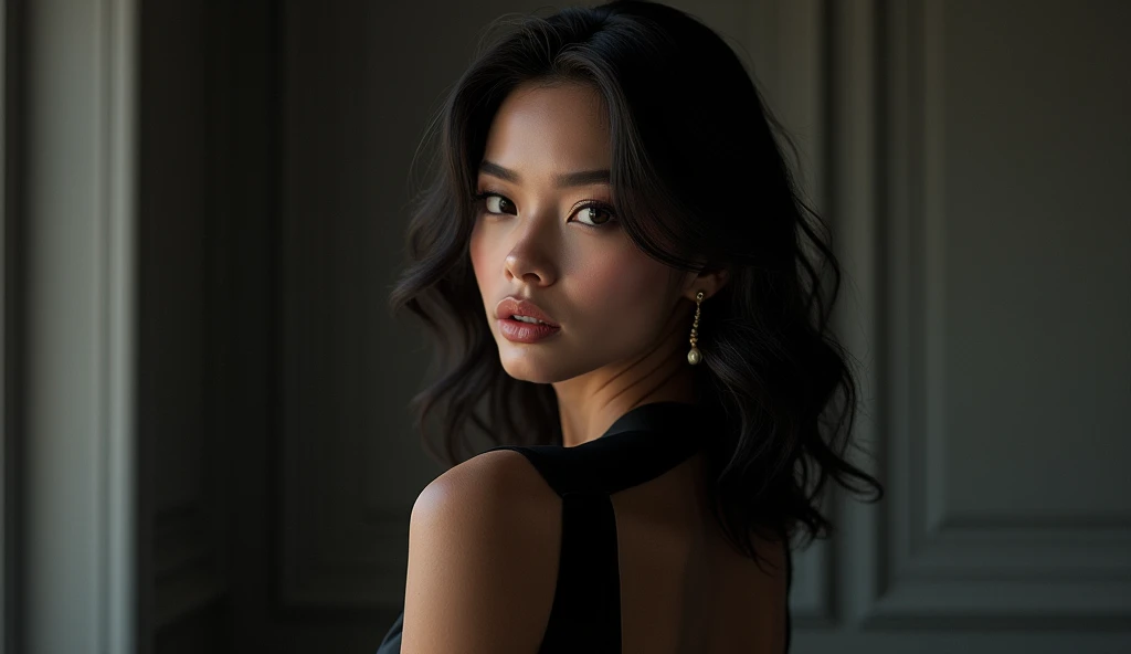Photo of a slim model, raw, Beautiful woman, ((Portrait)), (((Detailed face:1.2))), ((detailed facial features)), (smooth and finely detailed skin), black hair in loose curls, ((Outdoor environment)), Standing in front of an elegant black lacquer door, ((Realistic setting), Ultra Detail, minuscule imperfections), f/1.8, (high resolution), (Stunningly vivid colors), Canon EOS R6, 85mm Lens, Sharp and crisp focus, (Photographic artistry), (High definition), (Dramatic shadows), (Bold and captivating), (Masterpiece).