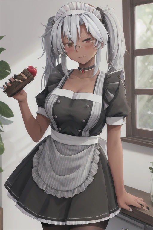  best quality,   Masterpiece  ,  high definition , Alone, {Musashi_  Fleet Collection:1.15}, dark-skinned_woman, dark_skin, Glasses, length_hair, hair_between_eye, chest, big_chest, white_hair,  twin tails, brown_eye, smile, red_eye, , Half Rim _Glasses, black_nail, gray_hair,  1 girl , alternine_ costume, apron, dined,  dress, enMaided, green_ dress, Maid, Maid_head dress,   stripe,   stripe_ dress, vertical-  stripe_ dress,  watching _in_ viewer, short_sleeve, vertical_ stripe, very_length_hair, brown_apron, brown_ dress, gray-framed_Glasses, ふくらんinいる_short_sleeve, rectangle_Glasses,  upper_body