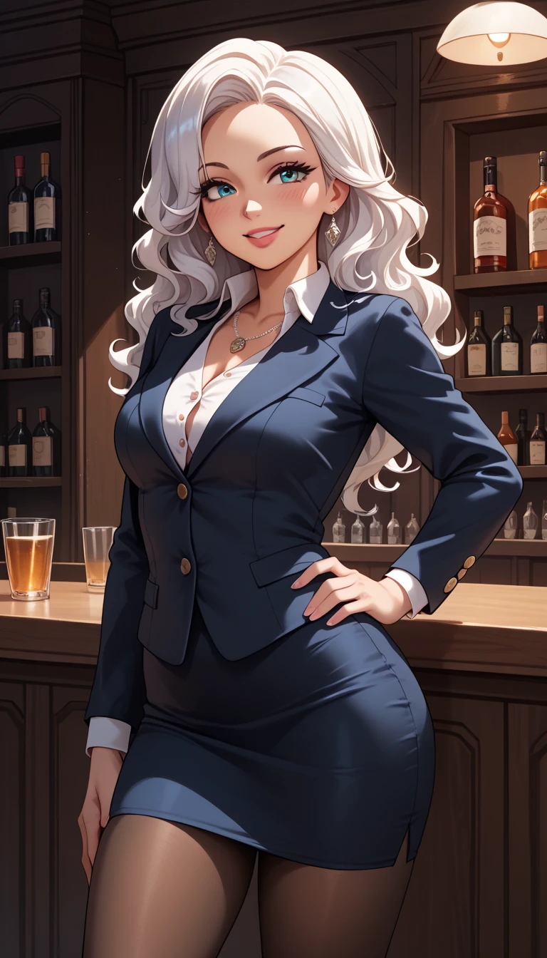 masterpiece, Best Quality, medium breasts,  Beautiful Details, Fine texture, Fine skin, Very cute girl, Alone, Happy smile ,rouge lips, blush, Deep Blue Eyes ,black wavy Hair,  shortcuts, Right-parted bangs, white companion suit,buttoned blazer(two buttons blazer),pencil skirt, pantyhose,blouse , necklace,  indoor, bar luxury room background, standing, hand on hip ,cowboy shot