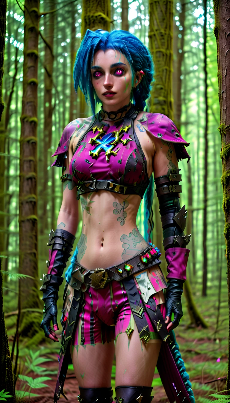 jinx from arcane stands in the forest wearing warhammer 40k inspired armor