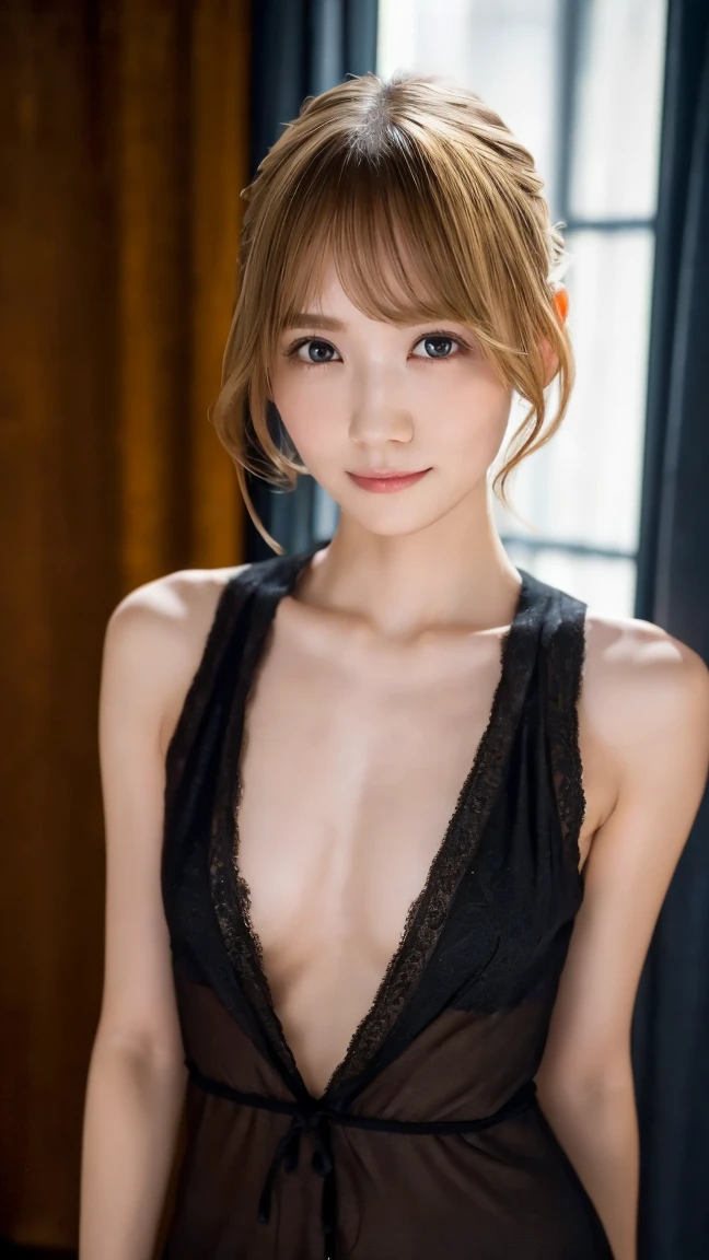   1 girl, no makeup in the coal mine,,   perfect body ,Hotel Bedroom,   short , ( medium chest :1.5),   medium hair up to buttocks,Hands behind back, , ,smile, slender body ,((26years old):1.3), ( full-body portrait crossing the camera :1.3),   bun hair , best quality,,  RAW photo,  realistic , baby face,cute,   is high definition,   Details, Very   Details, extremely   Details eye and 顔,  sharp pupils,    Sharp Concentration  ,( cinematic lighting),((darkblondehair):1.2)