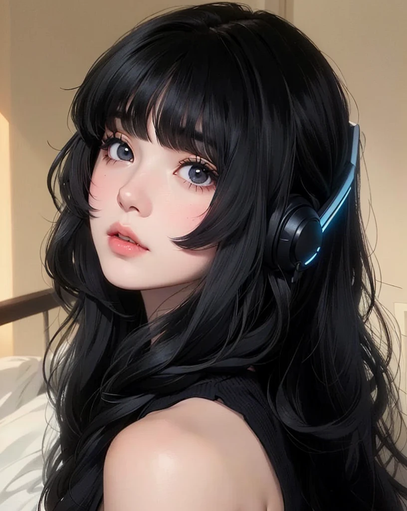  closeup of a woman with long dark hair wearing headphones ,  anime girl in reality ,  face inspired by animation , black hime cut hair,  Dark hair and big eyes , Anime Waifu,  1  anime goth girl , Ulzzang,  Belle Delphine photo ,  cute and realistic portrait ,  realistic young anime girl ,  beautiful animation style,  She has dark hair with bangs