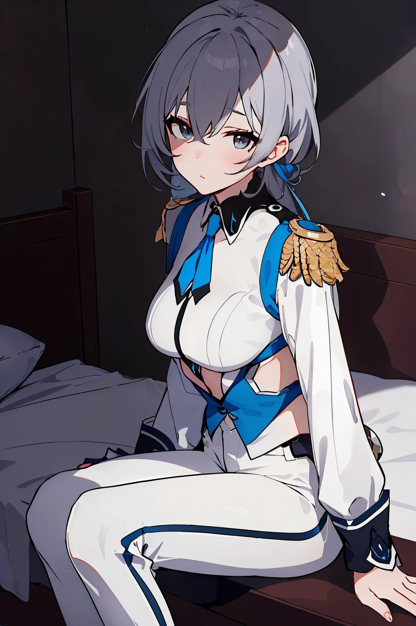 Grey Hair,  beautiful girl, Shoo, 
BREAK ((military uniform, epaulettes, (white shirt:1.2), white sleeves, long sleeves, white pants, idolmaster:1.2)),
BREAK open clothing, skindentation, exposed breasts, laying on bed, holding own legs, aroused, casino hotel room, shibari under clothes, looking at viewer,
BREAK (masterpiece:1.2), best quality, high resolution, unity 8k wallpaper,NSFW ,(illustration:0.8), extremely detailed face, perfect lighting, extremely detailed CG, (perfect hands, perfect anatomy),