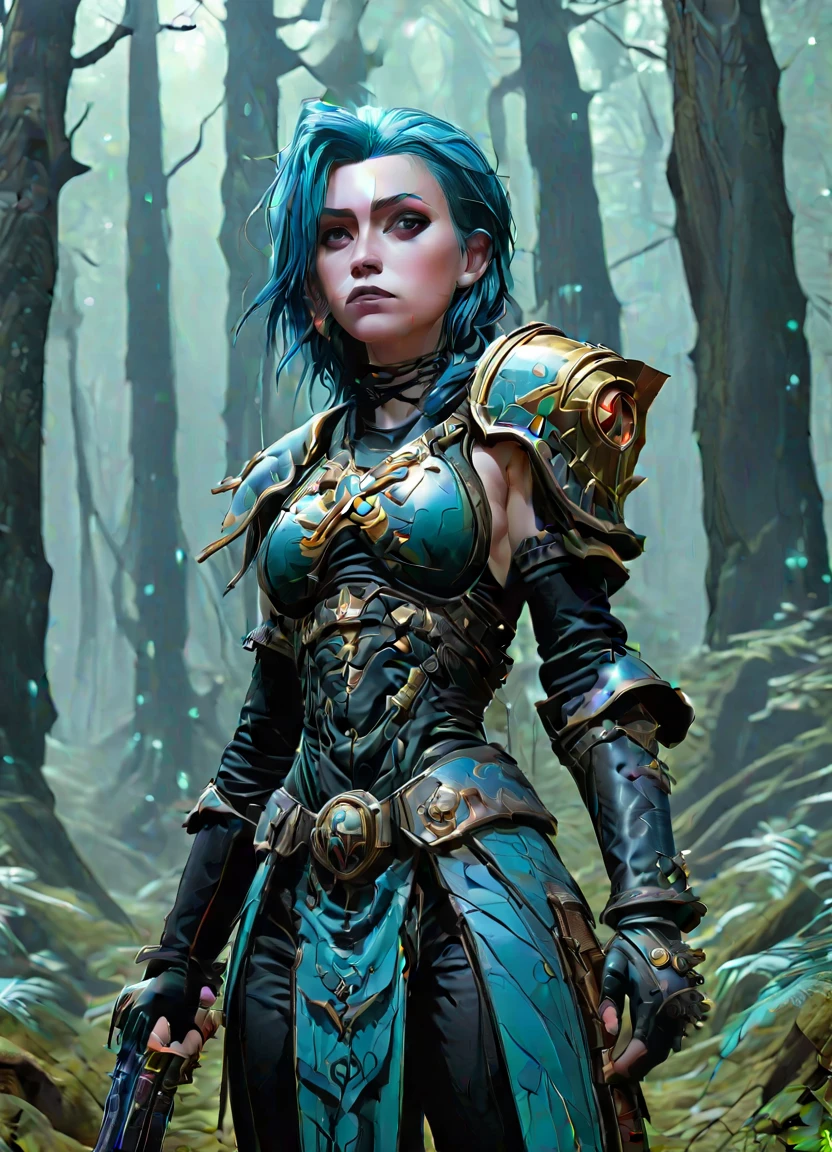 jinx from arcane stands in the forest wearing warhammer 40k inspired armor