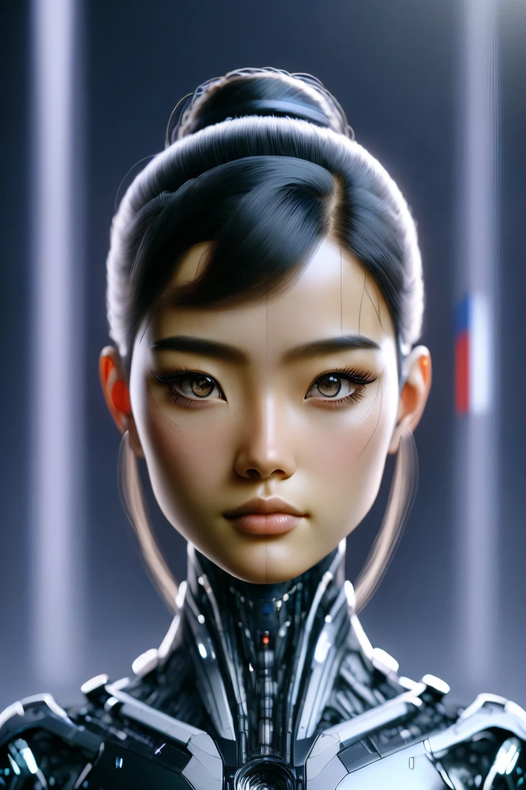 A detailed and photorealistic digital painting of 00173R based on her canonical measurements and appearance as described in the document. The character, 00173R, is a unique blend of human and cybernetic elements. She is a young, elegant, and dynamic woman, embodying a mix of cultural influences from France, Japan, and America. Her cybernetic enhancements are subtle and seamlessly integrated into her body, reflecting a blend of technology and humanity. The portrait should capture her unique features, including her hairstyle and attire, which reflect her multicultural background and artistic nature. She should be portrayed in a way that emphasizes her role as an artist, a world citizen, and a symbol of the fusion between the natural and the technological.