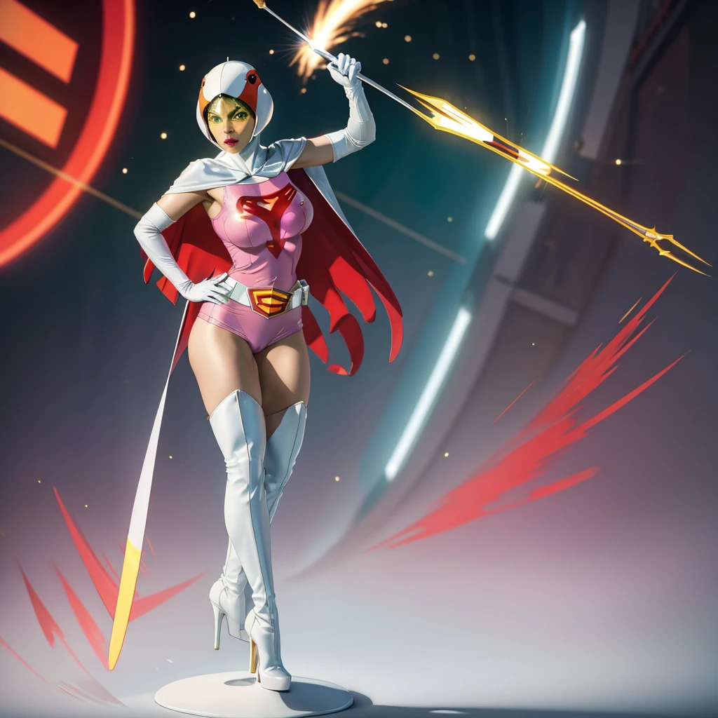 ANI_CLASSIC_jun_gatchaman_ownwaifu,1girl, ,good anatomy, masterpiece, best quality,realistic, hyperrealistic, 16k hdr, long hair,breasts,green eyes,lips,large breasts,lipstick,makeup,gloves,cape,helmet,belt,elbow gloves,white gloves,mask,ultra miniskirt,leotard,spacesuit,white tight overknee highheels boots,pink dress,superhero,bodysuit,cleavage,erected nipples,(sexy pose,view from below),(spread legs:1.1),cameltoe