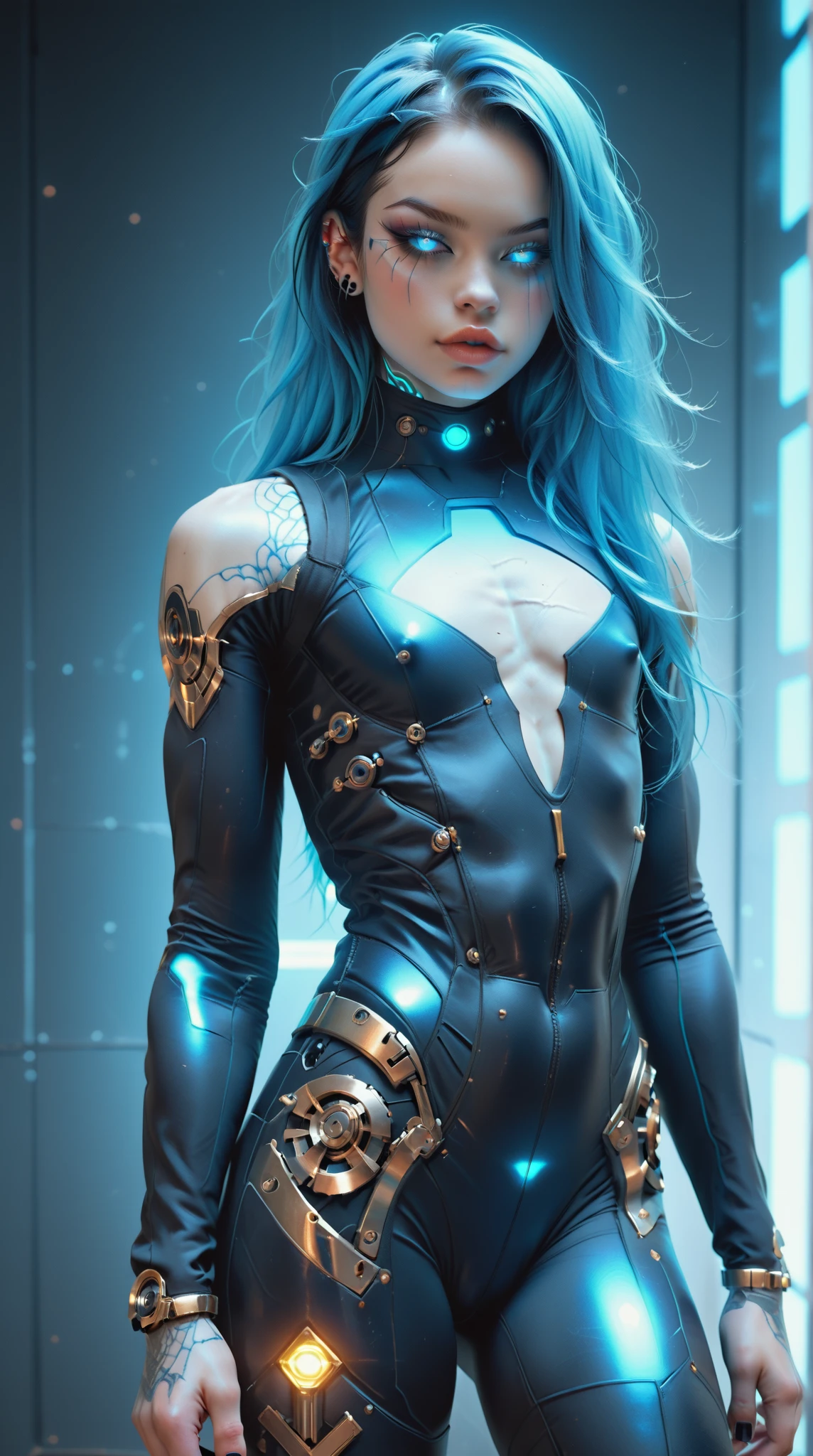 (nsfw:1), (Uncensored:1), score_9, score_8_up, score_7_up, (Three quarters Shot), (1 girl), (asian), beautiful age (skinny) muscular goth cyborg girl, (full Cybernetic bodysuit:1.5), (black sclera:1.5), (blue glowing eyes:1.5), (blue glowing body veins:1.5), (flat chest:1.25), (blue glowing hair:1.25), (beautiful face:1.25), (bodybuilder femboy physique:1.25), (skinny long legs:0.75),(blue willow pattern:1.5), (gold cracks:1.2), kintsugi, long hair, (skin painting:1.2), full body, (white skin), k1ntsug1, bimbo lips, cowboy shot, cybernetic, mechanoid body parts, exposed cables and circuits, neon lights, gothic neon style, cyber punk style, super realistic image, beautiful digital paint , hyper Realistic illustrations, 