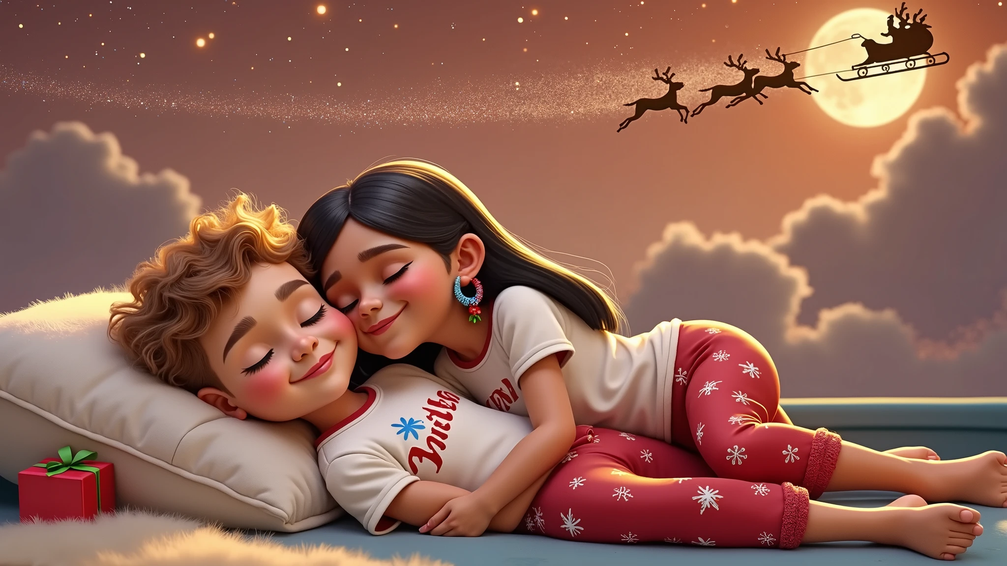A heartwarming, high-resolution 3D illustration inspired by Disney Pixar art, featuring a beautiful boy and girl, lying down and sleeping under the night sky. They are embracing each other, their faces gently resting on the soft, cloud-like pillow, and smiling slightly. The boy has light brown, slightly curly hair and sun-tanned skin, while the girl has long, straight, black hair with a colorful feather earring and light brown Brazilian Indian skin. They wear white t-shirts and red pants adorned with Christmas themes. The sky above them is bathed in an orange hue, with starry stars twinkling and a guiding star shining brightly. A full moon is eclipsed by the shadow of a flying sleigh that leaves a radiant trail in its wake. The scene exudes a vibrant,