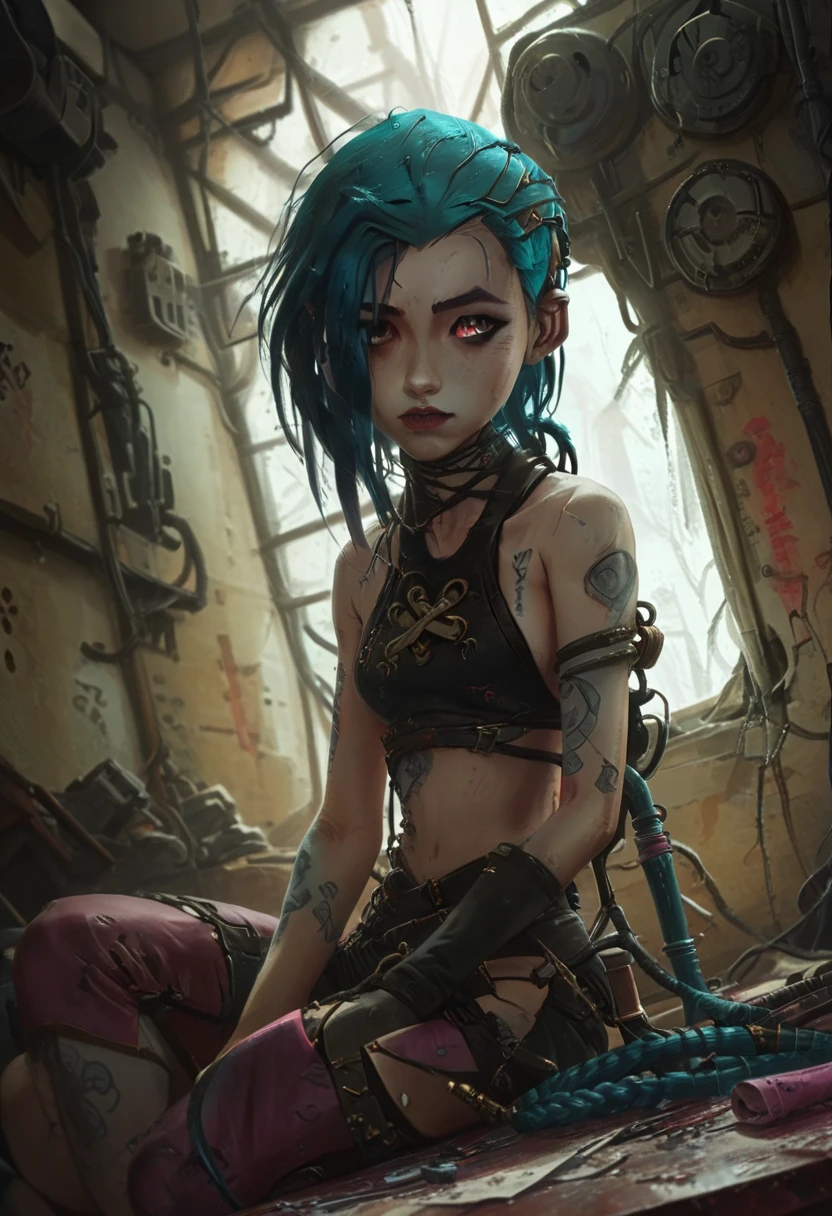 jinx from arcane sit in a old room in a dystopia city