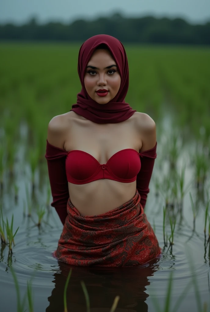 (Happy smile), (((HIJAB MALAY GIRL))), masutepiece, High quality, UHD 32K, Realistic face, Realistic skin feeling , A Japanese Lady, 8 years old, , Very cute and baby-like face, (((FLAT CHEST))), (Night time at forest), ((look In front at the camera and SADNESS)), ((())), (((CUTE GIRL))), ((RED LIPS)), ((Floral Pattern)) little wearing strapless bra, strapless colorful bra, dark night horror scary place (from behind up) seductive pose