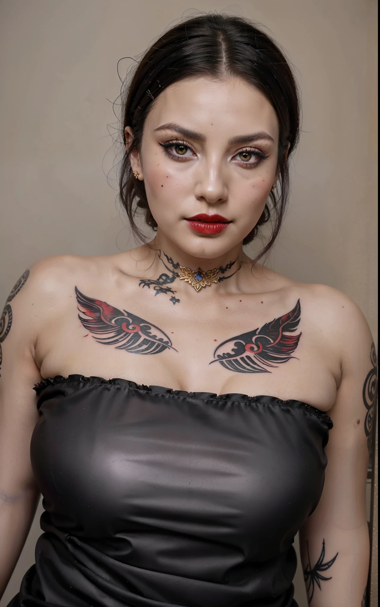 (best quality, hyperdetailed photography:1.2), beautiful lady, blood dropping from mouth,,((tattoo's breast)),(muscular body:1.1),,dark makeup,(white skin:1.2), horror vibe, ((moonlight)),,,,, ponytail,badass woman,,,,(massive perfect breast:1.0), (upper body portrait), (cinematic shot:1.5), (movie photography:1.2), cinematic lights,, (covered breast),(ultra detailed skin texture:1.3)