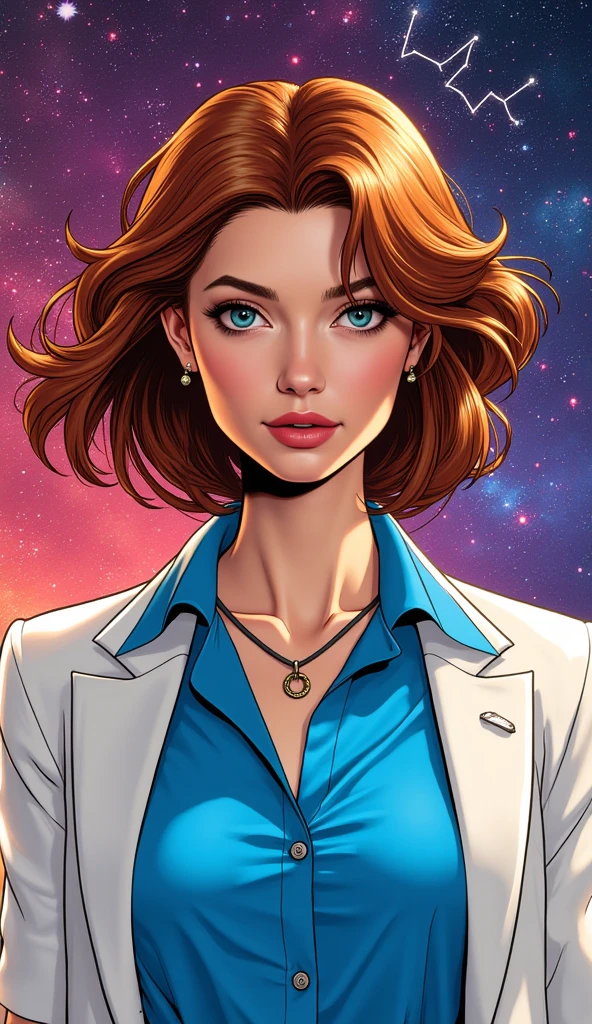 an illustration of a mature redhead woman, detailed eyes, long blunt haircut, white clean skin, busty, scientific clothes, sci-fi, transparent background, comic style