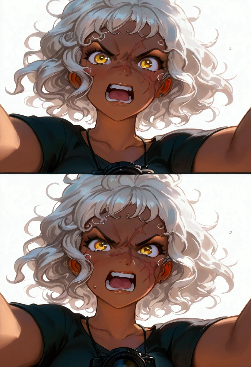  Brown-skinned girl , white curly hair, looking at camera, angry expression , scar on the cheek manga cartoon style