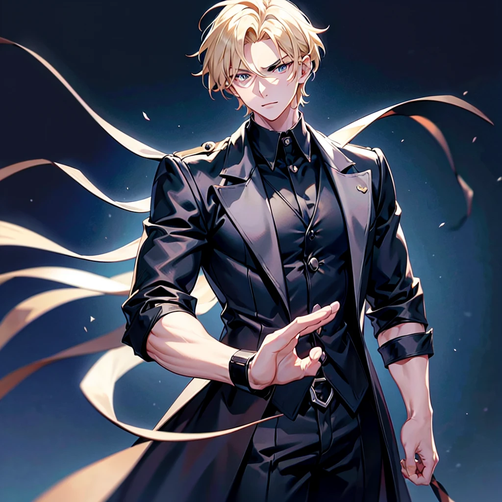 Anime attractive man, 20 year old, blonde hair, side part, tall, muscular, solo, one person, dark black high-collared dress shirt with rolled up sleeves, black choker, black blazer lining and buttons unbuttoned with rolled up sleeves, long dark overcoat with a fur trim, rolled up sleeves, rolled up sleeves, rolled up sleeves, rolled up sleeves muscular, masculine face.