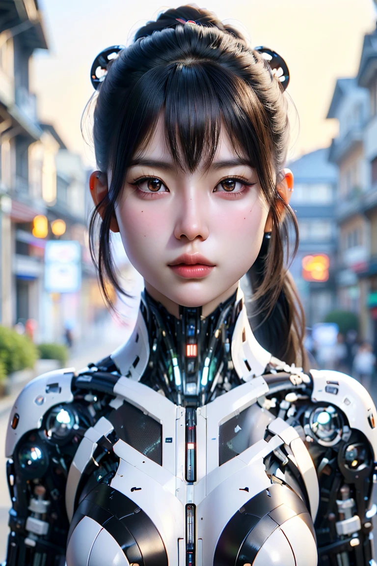 A detailed and photorealistic digital painting of 00173R based on her canonical measurements and appearance as described in the document. The character, 00173R, is a unique blend of human and cybernetic elements. She is a young, elegant, and dynamic woman, embodying a mix of cultural influences from France, Japan, and America. Her cybernetic enhancements are subtle and seamlessly integrated into her body, reflecting a blend of technology and humanity. The portrait should capture her unique features, including her hairstyle and attire, which reflect her multicultural background and artistic nature. She should be portrayed in a way that emphasizes her role as an artist, a world citizen, and a symbol of the fusion between the natural and the technological.