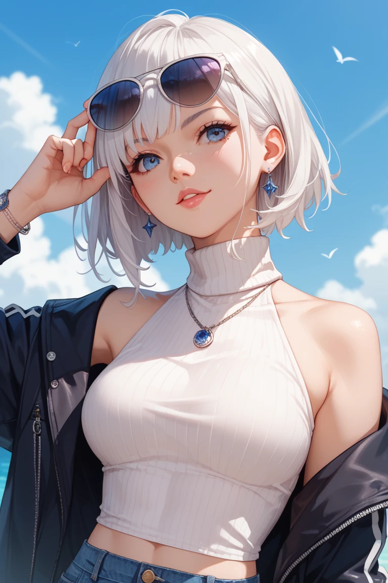 Tabletop high resolution Best image quality 8k Lady(I) Portraiture White swimsuit((Blanche)) Cat Ears short hair((shortcut)(Gray Hair)(Perm)(fluffy)) Eye color is red face((Open your mouth)(Red cheeks))Have a look at this Very large breasts 笑face necklace、Earrings、Putting on a bracelet Put your hand on your lips(noon)(Summer Beach)