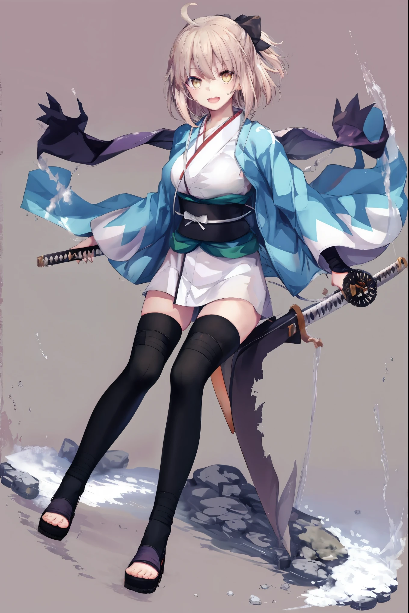 masterpiece, best quality, integrated scenery, integrated background, extremely delicate and beautiful, meticulous details, good composition, , cute face, perfect face, perfect hands, 1girl,okita souji \(FGO\), white_nosleeves_short_kimono,
smile,prepare_katana_posing,happy,gold_half_eyes, thigh-highs, straw_sandals,medium_breasts, midriff , right leg forward ,arm_holding_a_katana, 1katana,night,old_japanese_city_landscape_background,black_long_muffler,knee, bragging_face, black_cloth_gauntlet,apart_legs,open_mouth,blue&white_japanese_jacket