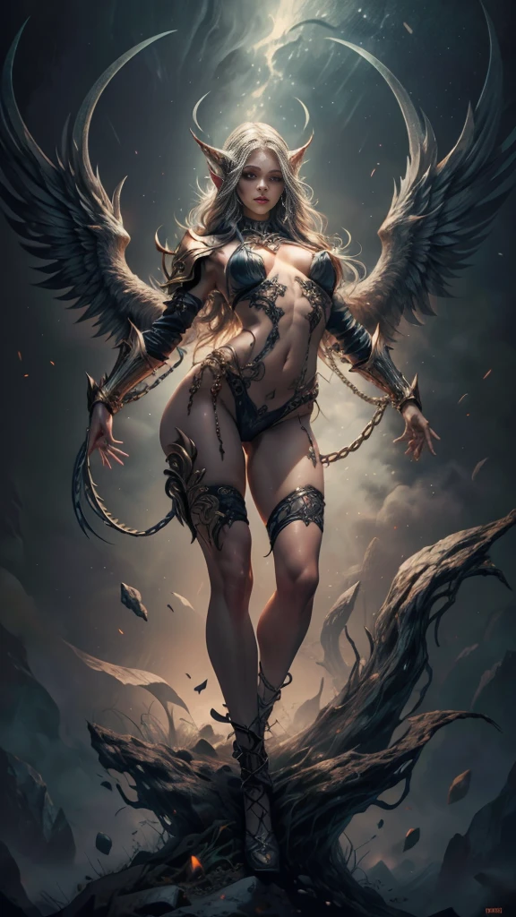 (Realistic picture, highest resolution, 16k), (A demon god with wide wings and enormous power on his shoulders.., Twelve wings on the shoulders., Right Demon Lord&#39;s Wing, left angel wings), (Beautiful girl with two meter long hair, shiny black hair, Smooth white skin, Lips are very red.), ((stand, toe)), (Huge breasts, big tits), (Huge breastsมโหราฬ, flat stomach, small waist, hips raised, small thighs, Long legs), (dynamic poses), (Porn, no clothes, Look at that pussy.., see nipples, naked, undressed, nakedโดยสิ้นเชิง, Can see pussy, The chest is visible.), see full body, floating in the air above the ground, universe backdrop