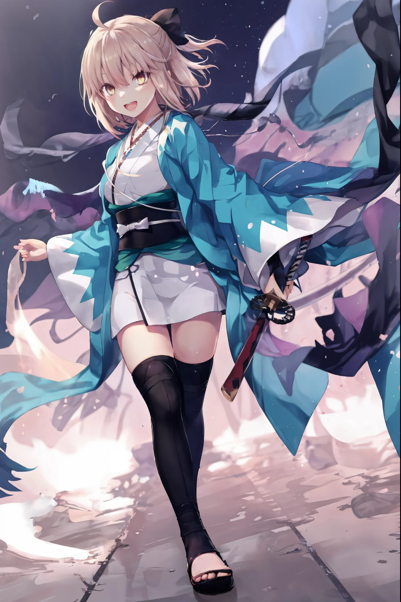 masterpiece, best quality, integrated scenery, integrated background, extremely delicate and beautiful, meticulous details, good composition, , cute face, perfect face, perfect hands, 1girl,okita souji \(FGO\), white_nosleeves_short_kimono,
 smile,prepare_katana_posing,happy,gold_half_eyes, thigh-highs, straw_sandals,medium_breasts, midriff , right leg forward ,arm_holding_a_katana, 1katana,night,old_japanese_city_landscape_background,black_long_muffler,knee, bragging_face, black_cloth_gauntlet,apart_legs,open_mouth,blue&white_japanese_jacket