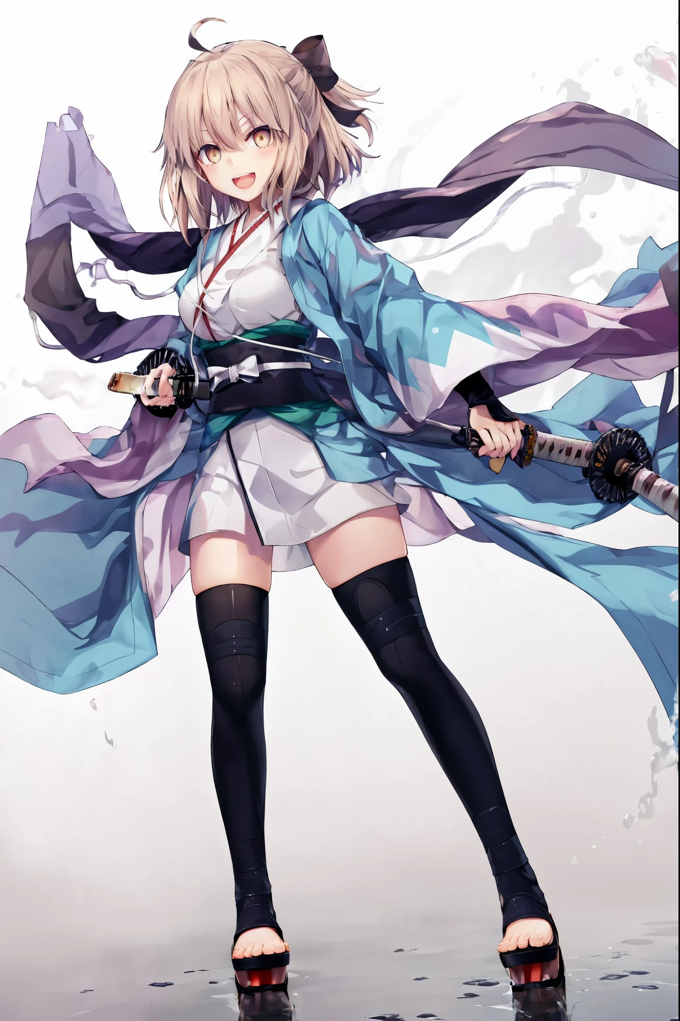 masterpiece, best quality, integrated scenery, integrated background, extremely delicate and beautiful, meticulous details, good composition, , cute face, perfect face, perfect hands, 1girl,okita souji \(FGO\), white_nosleeves_short_kimono,
 smile,prepare_katana_posing,happy,gold_half_eyes, thigh-highs, straw_sandals,medium_breasts, midriff , right leg forward ,arm_holding_a_katana, 1katana,night,old_japanese_city_background,black_long_muffler,knee, bragging_face, black_cloth_gauntlet,apart_legs,open_mouth,blue&white_japanese_jacket