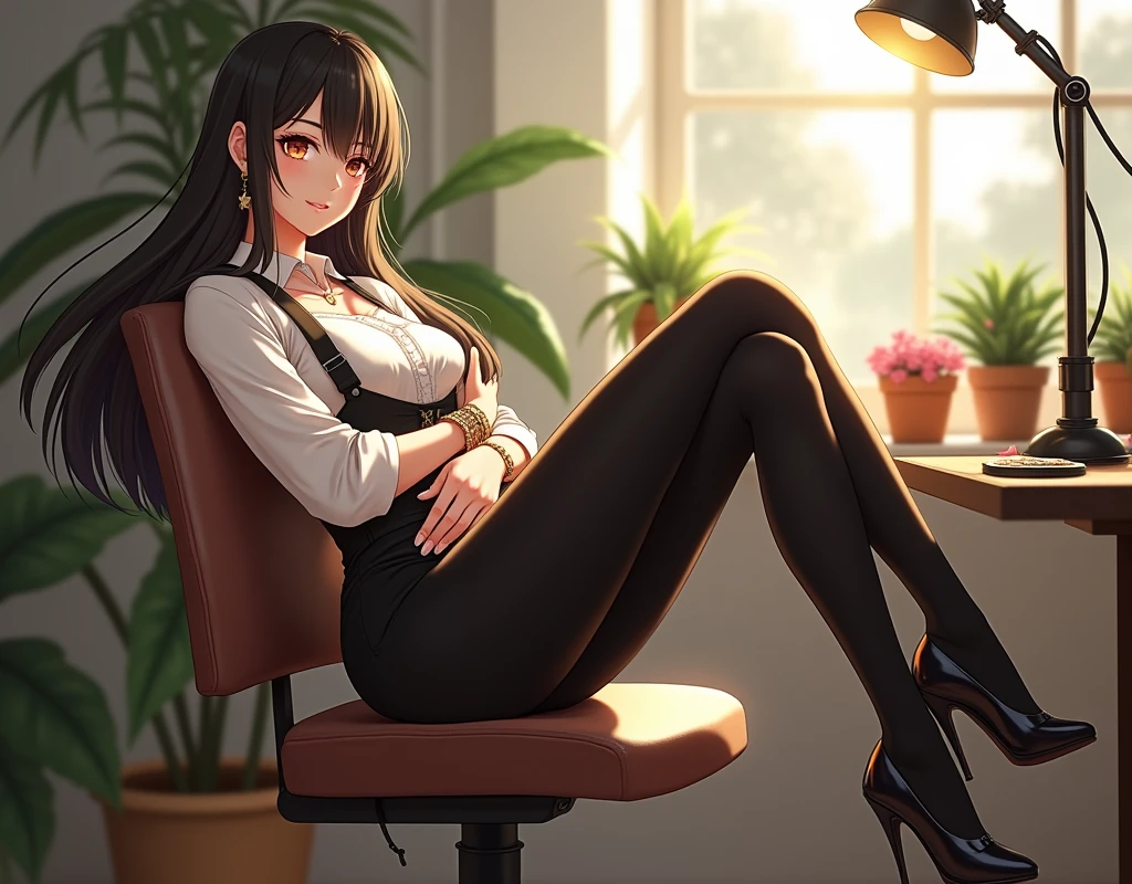 a large amount of fluid is overflowing，（Long black hair、Forehead、Center Part）：1.3，beatiful detailed eyes，Perfect proportions，eyes with brightness，Light makeup，choker necklace，ear jewelry，Pink and moist lips），sexy beauty in one room，Office room，On a computer desk，Sexy Backless Sweater，Elegant and beautiful hairpins，white wavy curare legs and high heels，Spread your legs apart，a large amount of fluid is overflowing，（（8K，tmasterpiece，realisticlying），（Hyper-detailing，ultraclear，naturey，full-body view），