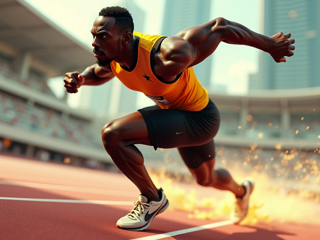 Realistic, Motion Blur Effect: 2.0, Olympic Games, 100m Final, World Record Achieved, Athlete runner crossing the finish line, exceptionally detailed anatomy, 8k, 4K, Highest quality, masterpiece,glowneon