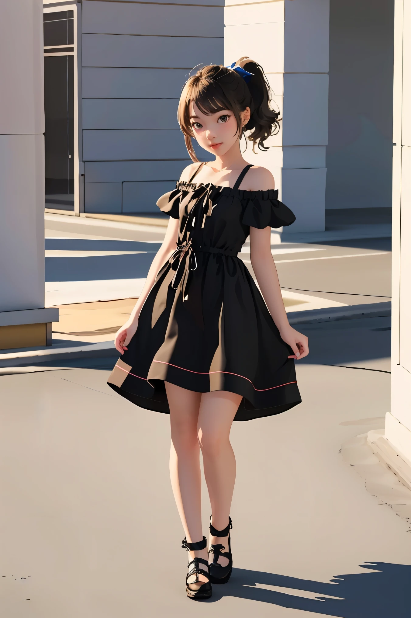 Drawing of a girl with ponytail and dress, cute 3d rendering, cute detailed digital art, mini cute girl, cute digital painting, 3d rendering stylized, cute digital art, cute rendering 3d anime girl, little curve loli, cute! C4D, a single character full body, standing on a white base