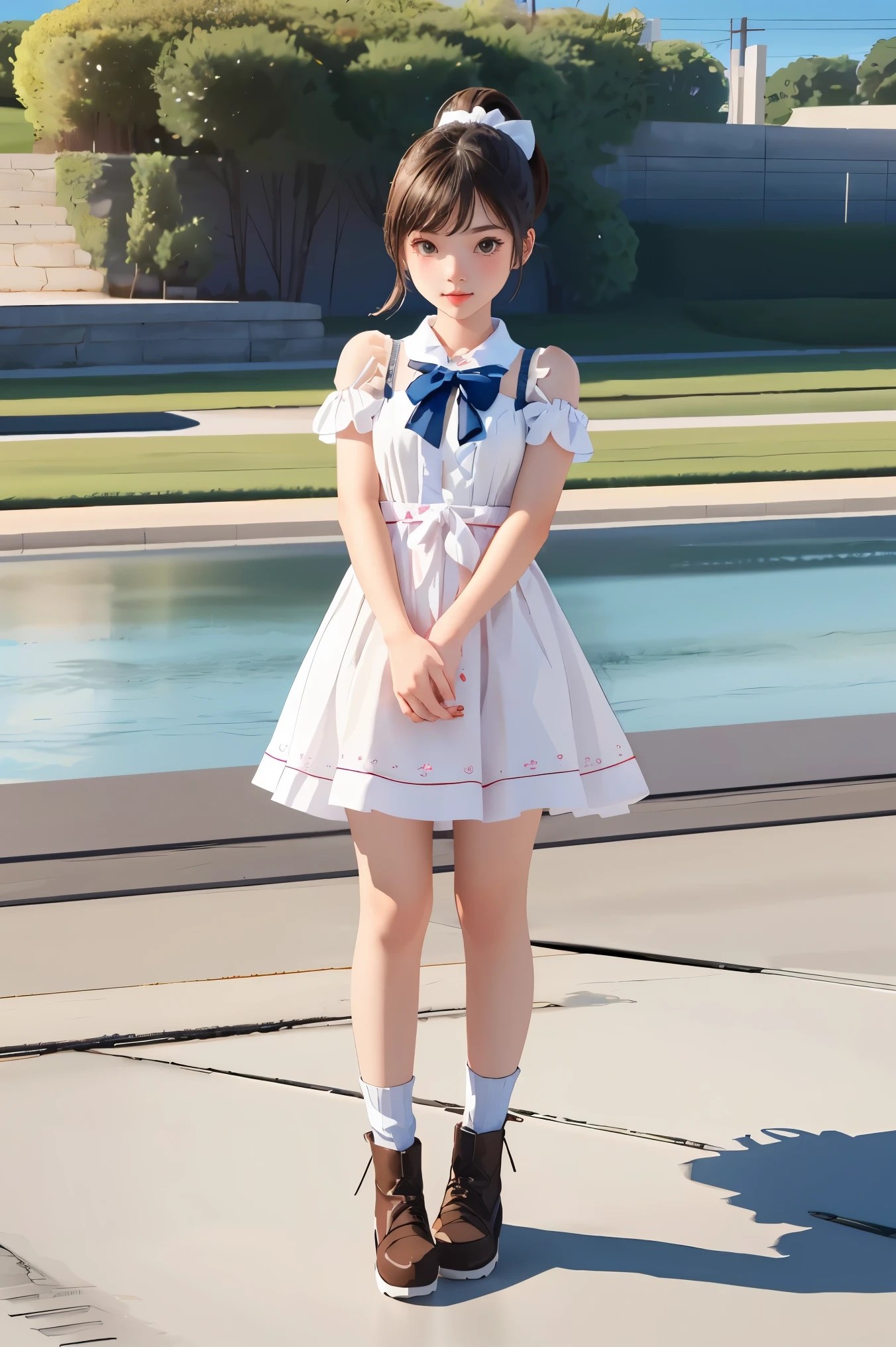 Drawing of a girl with ponytail and dress, cute 3d rendering, cute detailed digital art, mini cute girl, cute digital painting, 3d rendering stylized, cute digital art, cute rendering 3d anime girl, little curve , cute! C4D, a single character full body, standing on a white base