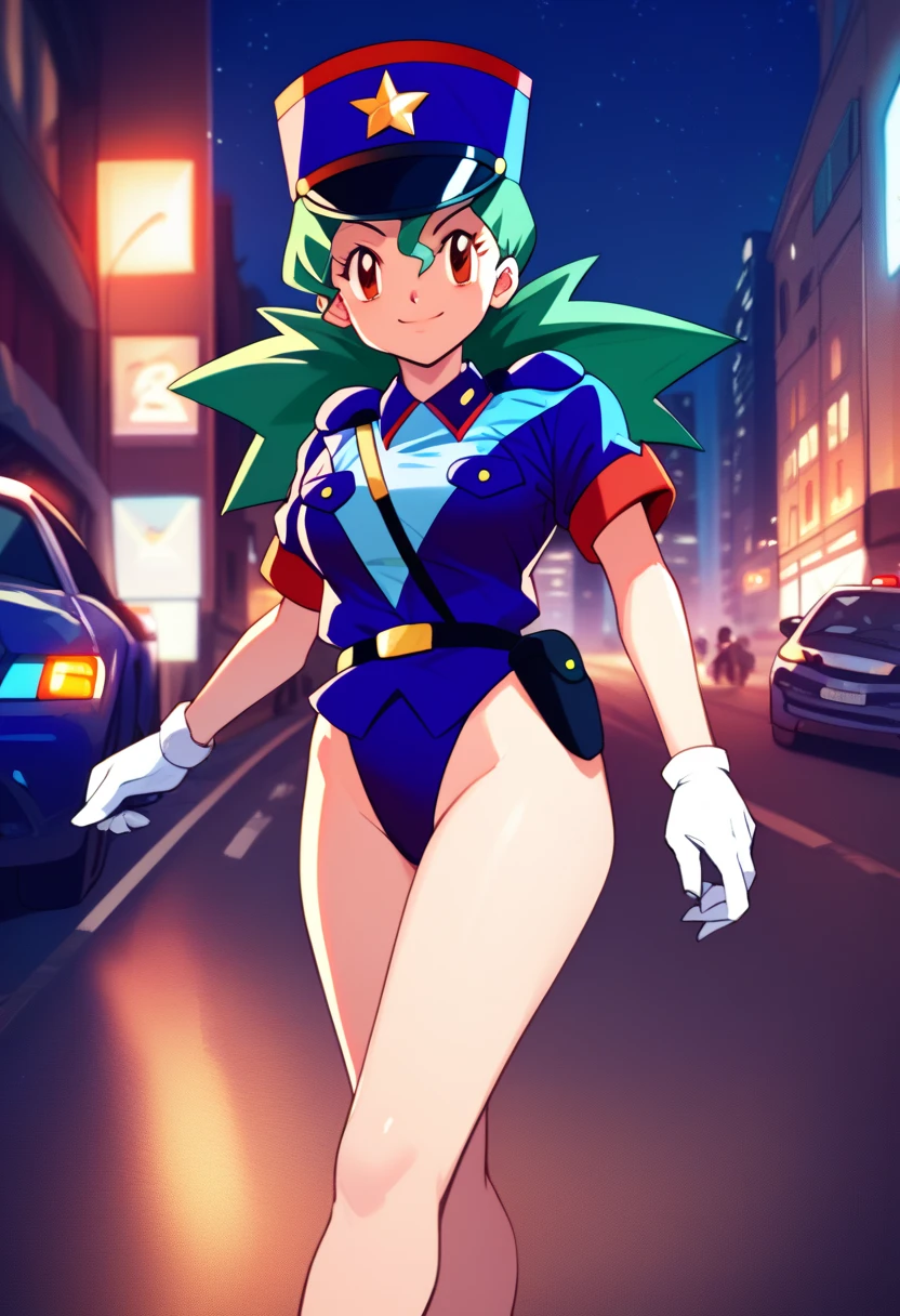 score_9, score_8_up, score_7_up, score_6_up, source_anime, BREAK 1girl pkmnJenny, green hair, blue hat, smile, police uniform, leotard blue, short sleeves, belt, bare legs, white gloves, looking at viewer, city, night, standing, greeting,