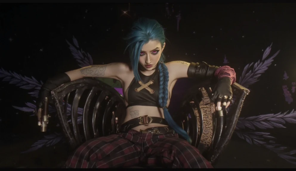 jinx from Arcane sitting in a chair. The character has a bold, intense expression with dark eyes highlighted by striking red irises, and they seem to be staring directly forward. Their hair is long, dyed a vibrant blue, and styled in a thick, prominent braid draping over one shoulder.
In one hand, the character grips guns, Their pose is dominant and relaxed, with arms draped over the armrests of the elaborate, dark chair, contributing to a sense of power or defiance. The chair itself has intricate, almost skeletal designs and is decorated with sharp, dark feathers extending outward.

The background is shadowy, with purple and dark hues, and features feather-like elements that enhance the ominous, intense mood of the scene. The overall ambiance is dark, with a hint of gothic or dystopian undertones.