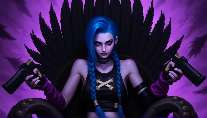 jinx from Arcane sitting in a chair. The character has a bold, intense expression with dark eyes highlighted by striking red irises, and they seem to be staring directly forward. Their hair is long, dyed a vibrant blue, and styled in a thick, prominent braid draping over one shoulder.
In one hand, the character grips guns, Their pose is dominant and relaxed, with arms draped over the armrests of the elaborate, dark chair, contributing to a sense of power or defiance. The chair itself has intricate, almost skeletal designs and is decorated with sharp, dark feathers extending outward.

The background is shadowy, with purple and dark hues, and features feather-like elements that enhance the ominous, intense mood of the scene. The overall ambiance is dark, with a hint of gothic or dystopian undertones.