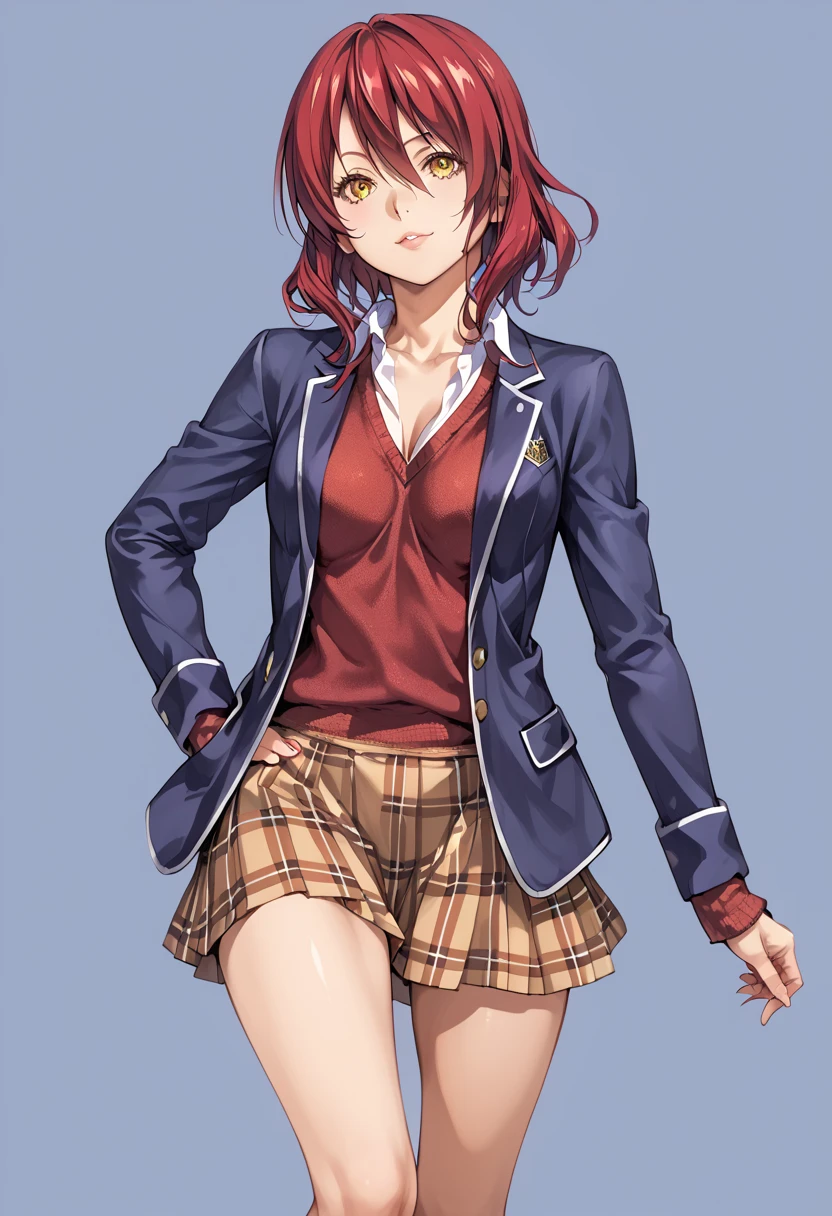 sfw, anime style, extremely detailed CG, high resolution, best quality, masterpiece, single woman, kobayashi rindo (shokugeki no soma), viper-like golden eyes, (beautiful detailed eyes: 1.4), red hair, short hair, medium breasts, school uniform, dark blue blazer, maroon sweater, white shirt, maroon skirt, calve-high black socks, long legs, natural pose, school