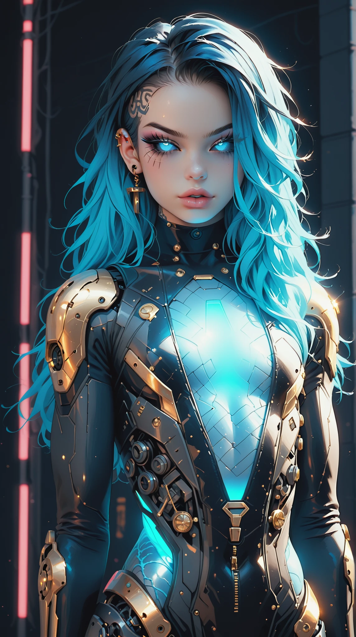 (nsfw:1), (Uncensored:1), score_9, score_8_up, score_7_up, (Three quarters Shot), (1 girl), (asian), beautiful teenage (skinny) muscular goth cyborg girl, (full Cybernetic bodysuit:1.5), (black sclera:1.5), (blue glowing eyes:1.5), (blue glowing body veins:1.5), (flat chest:1.25), (blue glowing hair:1.25), (beautiful face:1.25), (bodybuilder femboy physique:1.25), (skinny long legs:0.75), (gold cracks:1.25), bimbo lips, cowboy shot, cybernetic, mechanoid body parts, exposed cables and circuits, neon lights, gothic neon style, cyber punk style, super realistic image, beautiful digital paint , hyper Realistic illustrations, Stable_Yogis_Scenery_Negatives, Stable_Yogis_Scenery_positives,  Stable_Yogis_PDXL_Positives, Stable_Yogis_PDXL_Negatives