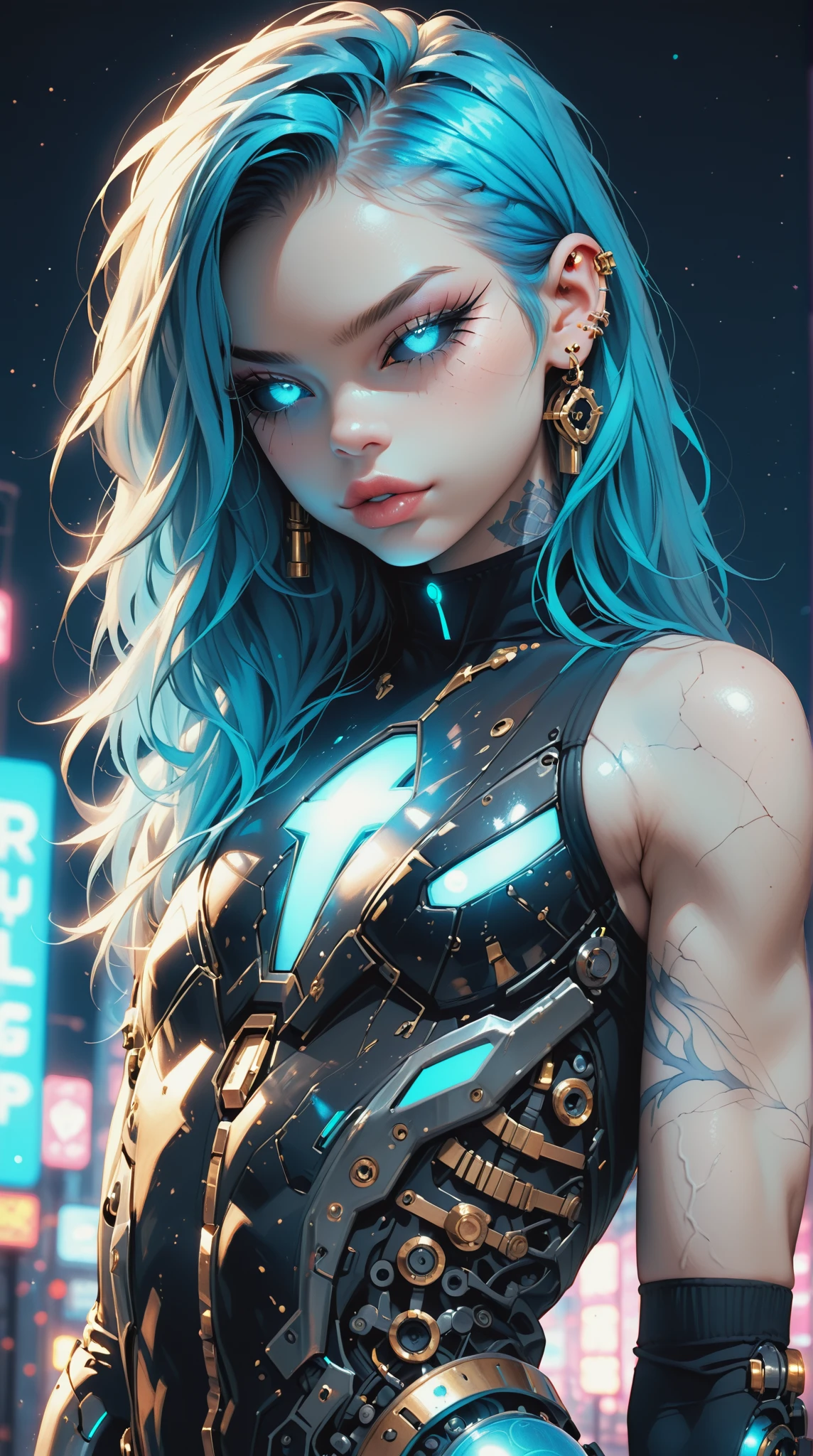 (nsfw:1), (Uncensored:1), score_9, score_8_up, score_7_up, (Three quarters Shot), (1 girl), (asian), beautiful teenage (skinny) muscular goth cyborg girl, (full Cybernetic bodysuit:1.5), (black sclera:1.5), (blue glowing eyes:1.5), (blue glowing body veins:1.5), (flat chest:1.25), (blue glowing hair:1.25), (beautiful face:1.25), (bodybuilder femboy physique:1.25), (skinny long legs:0.75), (gold cracks:1.25), bimbo lips, cowboy shot, cybernetic, mechanoid body parts, exposed cables and circuits, neon lights, gothic neon style, cyber punk style, super realistic image, beautiful digital paint , hyper Realistic illustrations, Stable_Yogis_Scenery_Negatives, Stable_Yogis_Scenery_positives,  Stable_Yogis_PDXL_Positives, Stable_Yogis_PDXL_Negatives