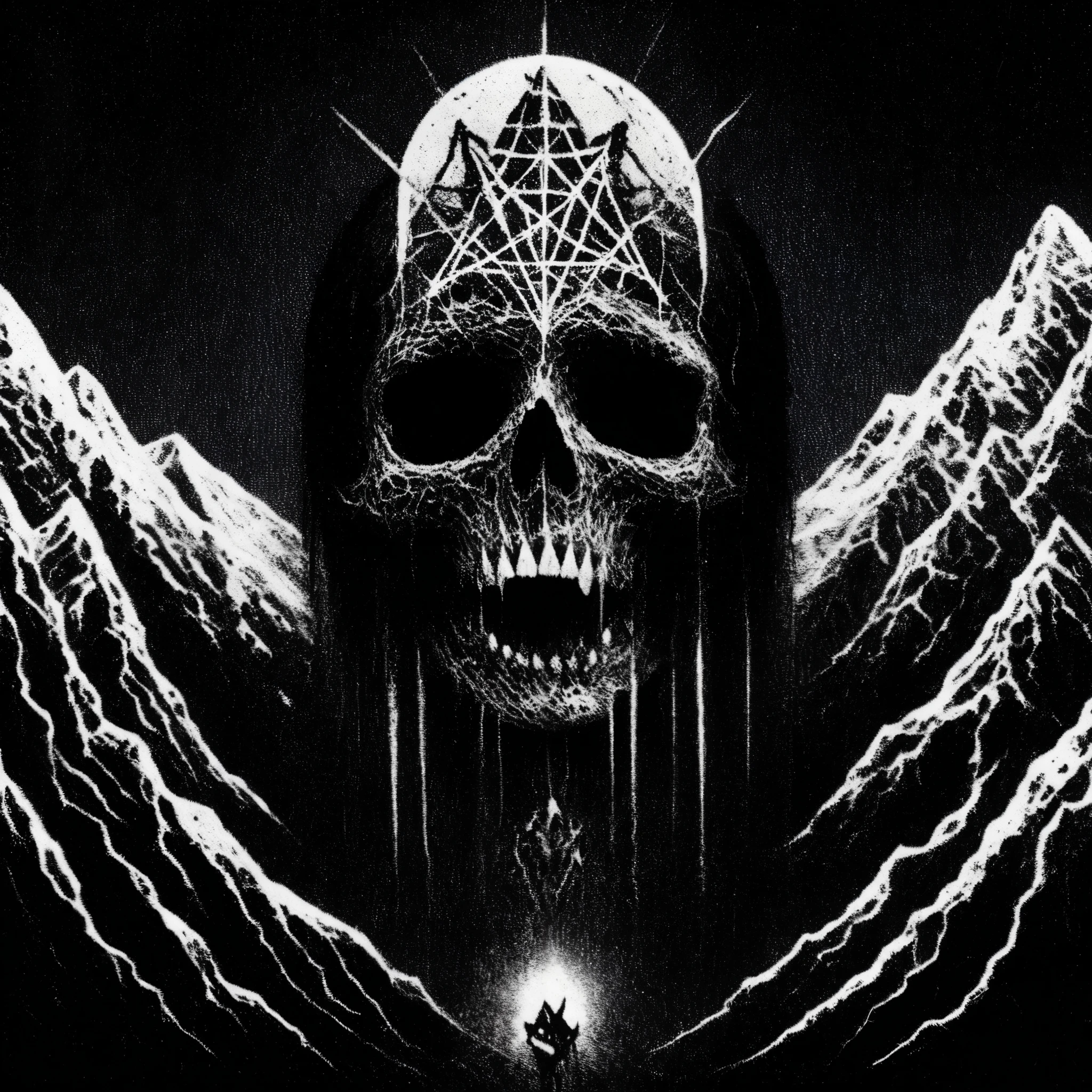 blackmetal style, xerox, skull in the mountains, black sky pointillism
