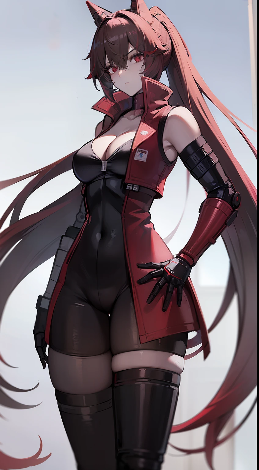 ( best quality,   masterpiece , anime) (Alone) therefore hair,  very long and flowing hair, red eyes,  thick thighs , Huge breasts, Muscular, athletic,  full Android body , ( mechanical arms android :1.3), ( mechanical legs android :1.2), ( tall leg swimsuit :2.5,  cropped tall leg :2.7, one-piece:1.5, red:1.2, therefore:1.4,  cleavage), (jacket, sleeveless, therefore:1.3, red:1.2), (pantyhose, therefore:1.3), woman's glove,  toned body , 1 woman (Age 30),  sword hand , beautiful, Sensual, Lucia, Lucia_crimson_weave, redabyss,