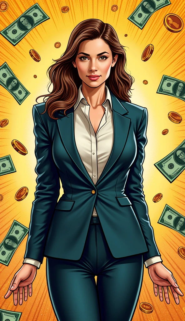 "A stylish adult woman, American, dressed in a professional and elegant outfit suitable for a business environment. She is surrounded by symbols of wealth and success, such as dollar bills or gold coins, presented in a comic book style with vibrant colors. The woman has a confident and discreet smile, with an overall empowering and classy appearance. The background incorporates abstract elements related to finance and prosperity."