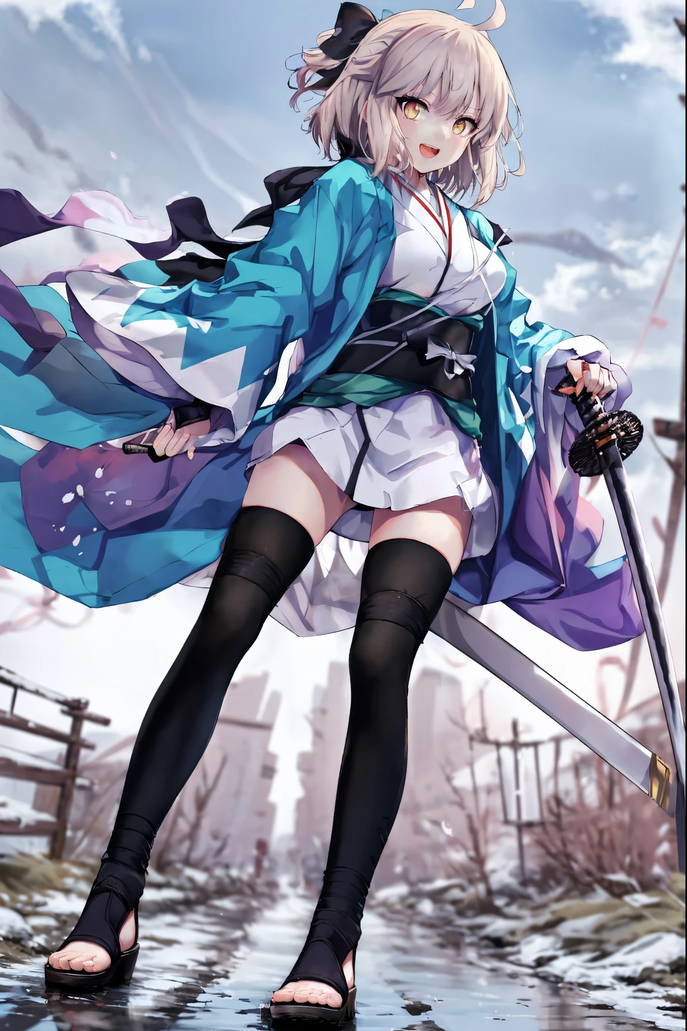 masterpiece, best quality, integrated scenery, integrated background, extremely delicate and beautiful, meticulous details, good composition, , cute face, perfect face, perfect hands, 1girl,okita souji \(FGO\), white_nosleeves_short_kimono,
 smile,prepare_katana_posing,happy,gold_half_eyes, thigh-highs, straw_sandals,medium_breasts, midriff , right leg forward ,arm_holding_a_katana, 1katana,night,old_japanese_city_background,black_long_muffler,knee, bragging_face, black_cloth_gauntlet,apart_legs,open_mouth,blue&white_japanese_jacket