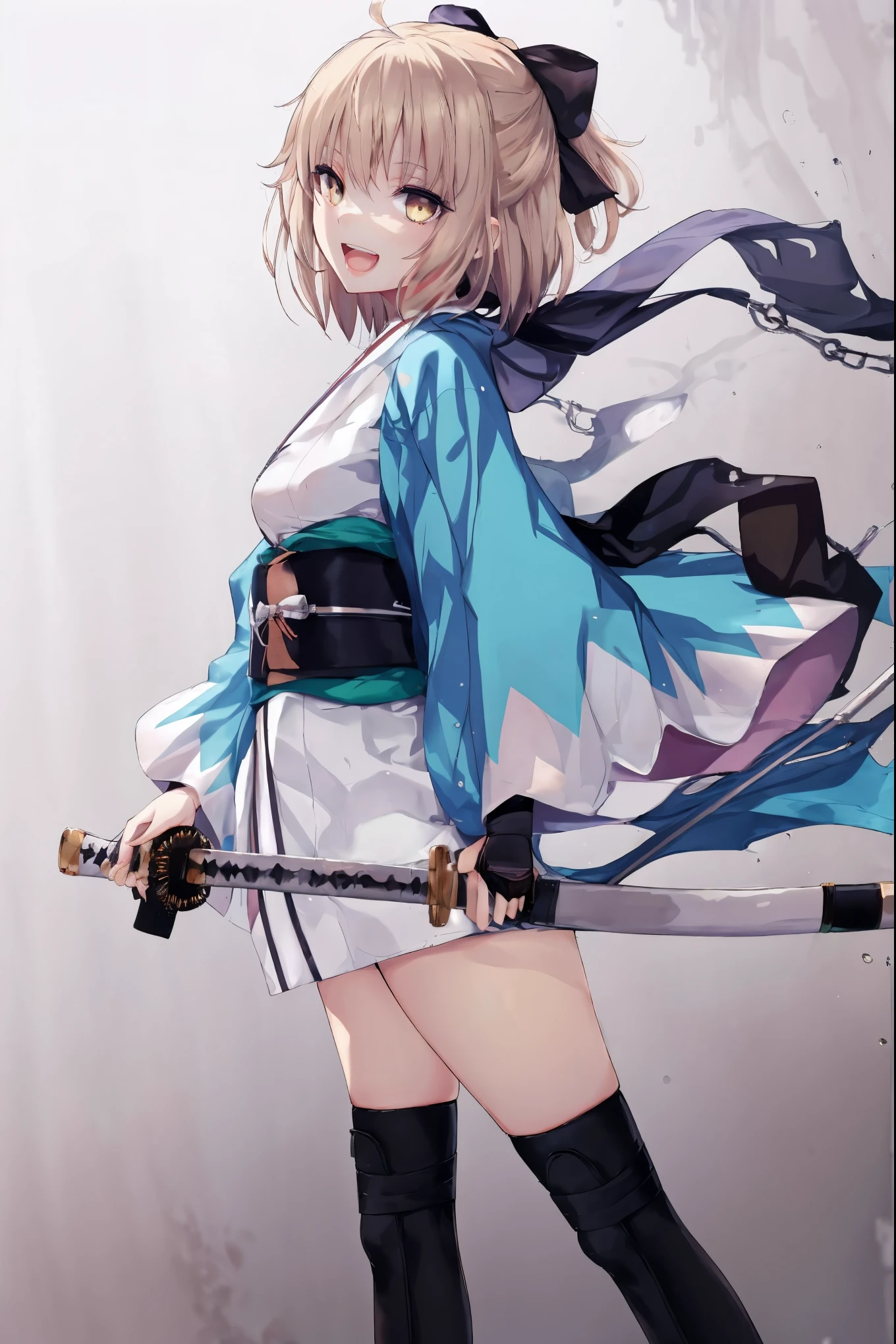 masterpiece, best quality, integrated scenery, integrated background, extremely delicate and beautiful, meticulous details, good composition, , cute face, perfect face, perfect hands, 1girl,okita souji \(FGO\), white_nosleeves_short_kimono,
 smile,prepare_katana_posing,happy,gold_half_eyes, thigh-highs, straw_sandals,medium_breasts, midriff , right leg forward ,arm_holding_a_katana, 1katana,old_japanese_city_background,black_long_muffler,knee, bragging_face, black_cloth_gauntlet,apart_legs,open_mouth,blue&white_japanese_jacket