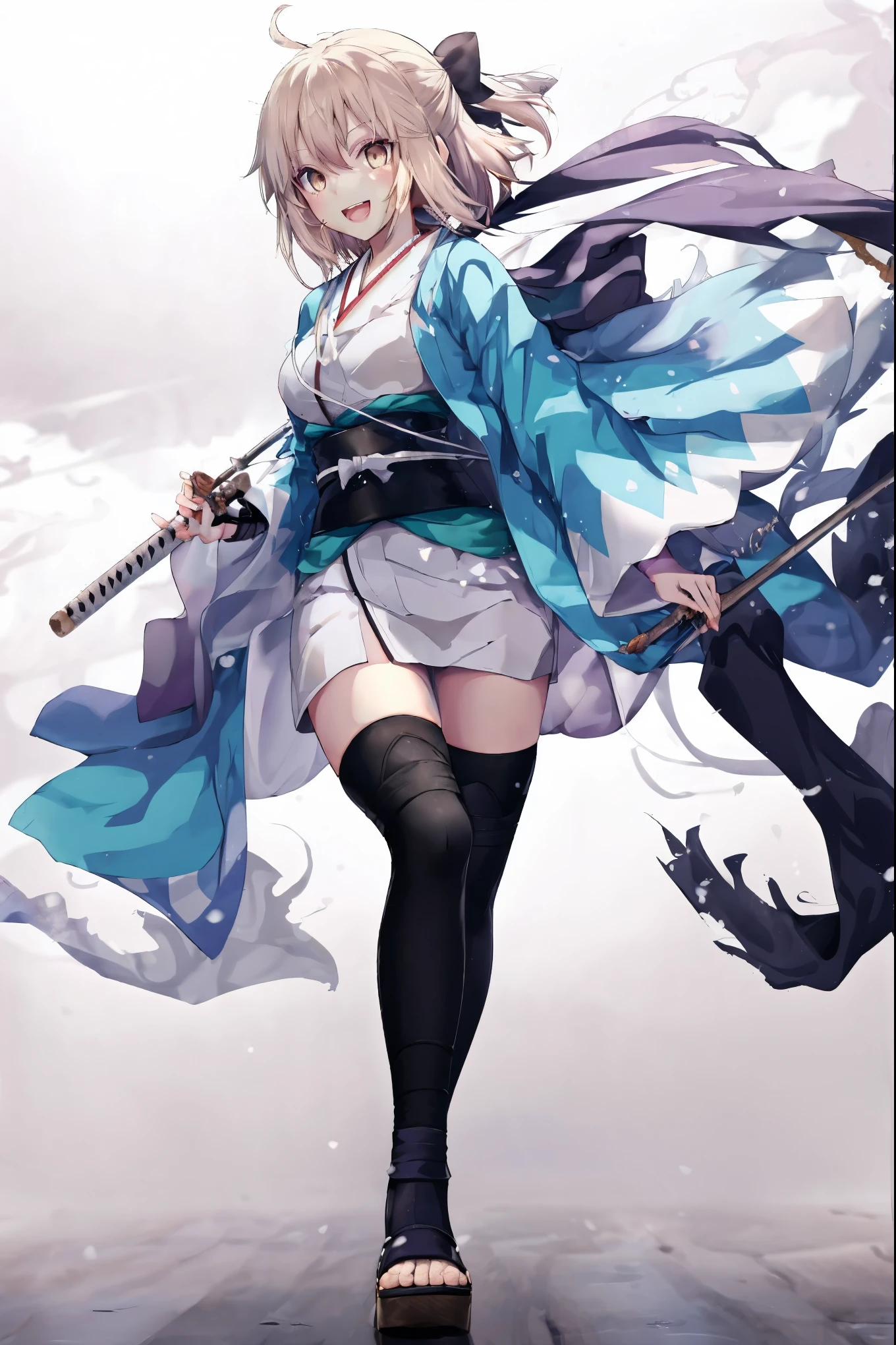 masterpiece, best quality, integrated scenery, integrated background, extremely delicate and beautiful, meticulous details, good composition, , cute face, perfect face, perfect hands, 1girl,okita souji \(FGO\), white_nosleeves_short_kimono,
 smile,happy,gold_half_eyes, thigh-highs, straw_sandals,medium_breasts, midriff , right leg forward ,arm_holding_a_katana, 1katana,old_japanese_city_background,black_long_muffler,knee, bragging_face, black_cloth_gauntlet,apart_legs,open_mouth,blue&white_japanese_jacket