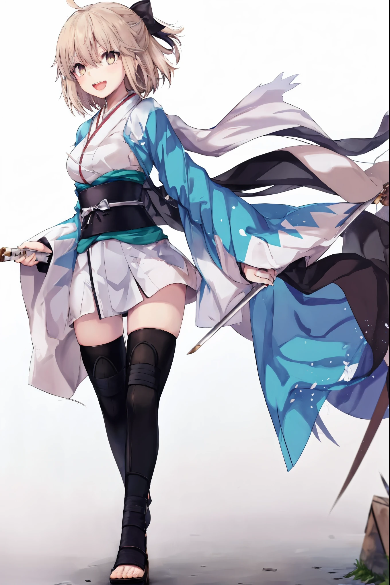 masterpiece, best quality, integrated scenery, integrated background, extremely delicate and beautiful, meticulous details, good composition, , cute face, perfect face, perfect hands, 1girl,okita souji \(FGO\), white_nosleeves_short_kimono,
 smile,happy,gold_half_eyes, thigh-highs, straw_sandals,medium_breasts, midriff , right leg forward ,arm_holding_a_katana, 1katana,old_japanese_city_background,black_long_muffler,knee, bragging_face, black_cloth_gauntlet,apart_legs,open_mouth,blue&white_japanese_jacket