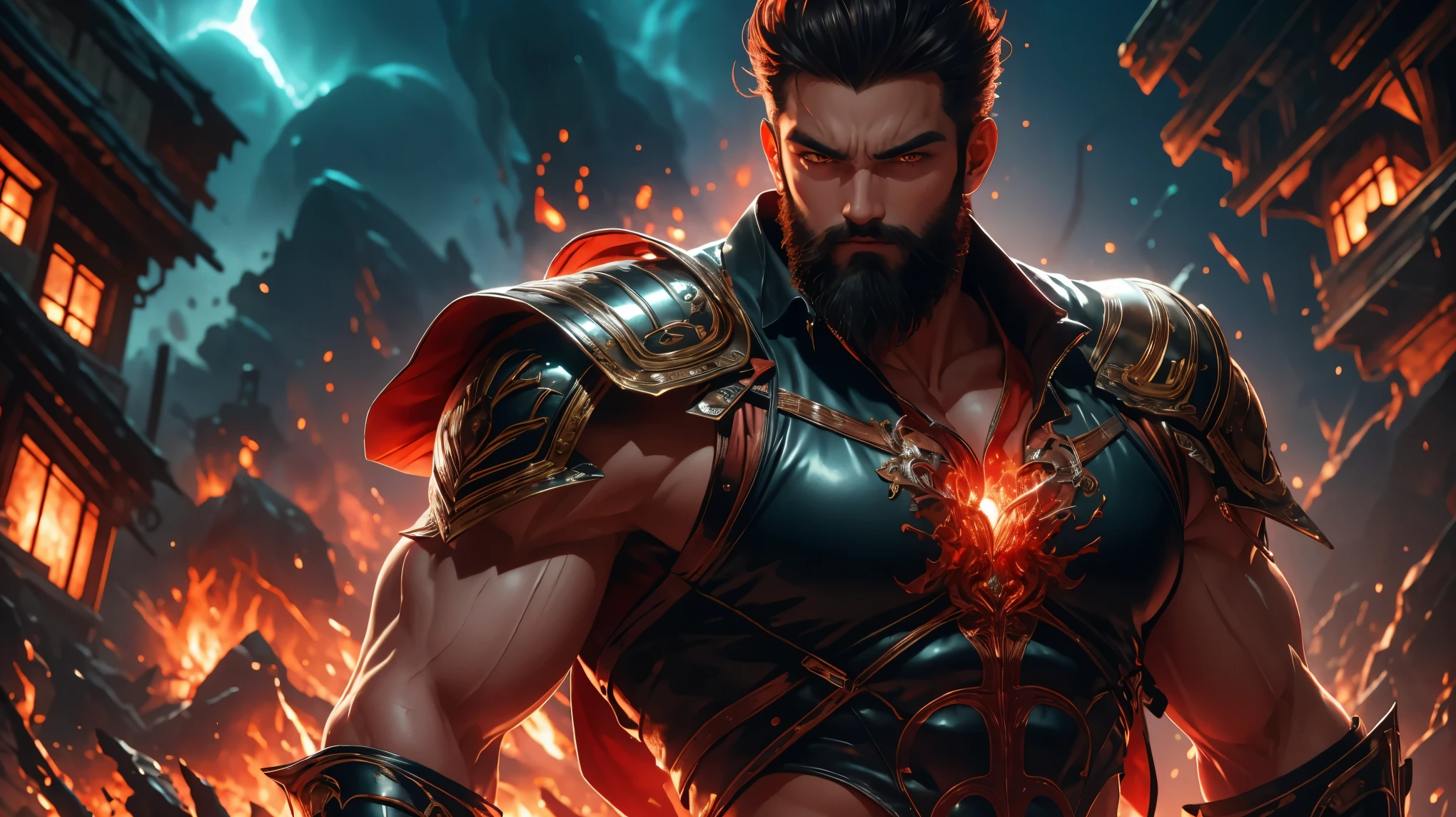 (( better quality )), (( masterpiece)), (Detailed), perfect cara . Cara with a rojo color . Very strong male body. big muscle . War with pesada weapons and ligera . coraza de aceros de diferentes colores con ropas geniales. especially dorada de hoja ancha . sword gladius. Mayan shield. casco de aceros muy fun . Man with beard. Ojos rojos. cabello oscuro