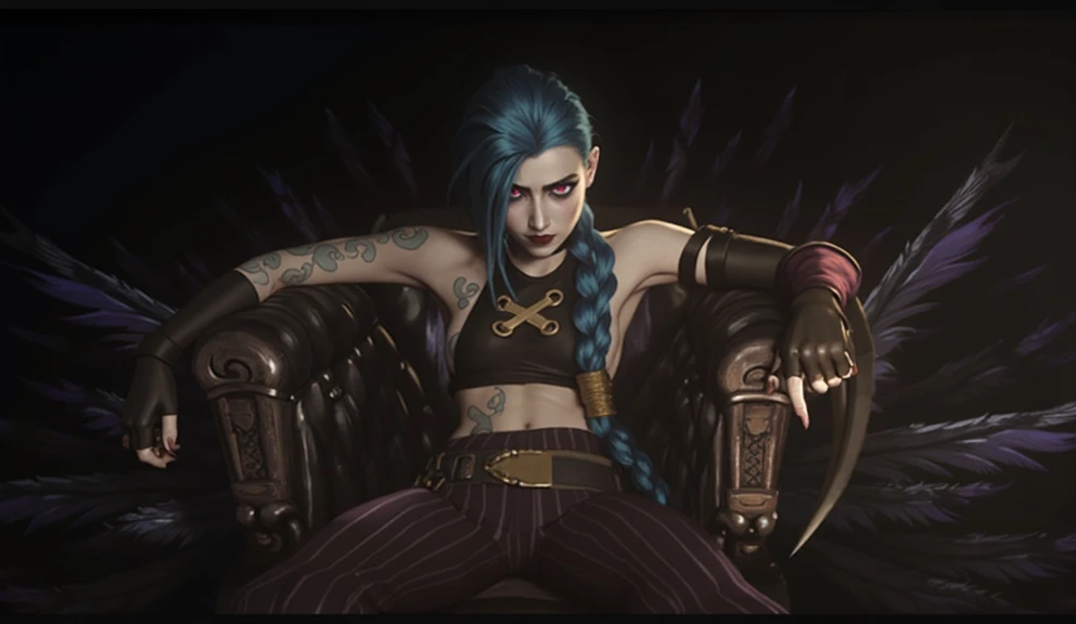 jinx from Arcane sitting in a chair. The character has a bold, intense expression with dark eyes highlighted by striking red irises, and they seem to be staring directly forward. Their hair is long, dyed a vibrant blue, and styled in a thick, prominent braid draping over one shoulder.
In one hand, the character grips guns, Their pose is dominant and relaxed, with arms draped over the armrests of the elaborate, dark chair, contributing to a sense of power or defiance. The chair itself has intricate, almost skeletal designs and is decorated with sharp, dark feathers extending outward.

The background is shadowy, with purple and dark hues, and features feather-like elements that enhance the ominous, intense mood of the scene. The overall ambiance is dark, with a hint of gothic or dystopian undertones.