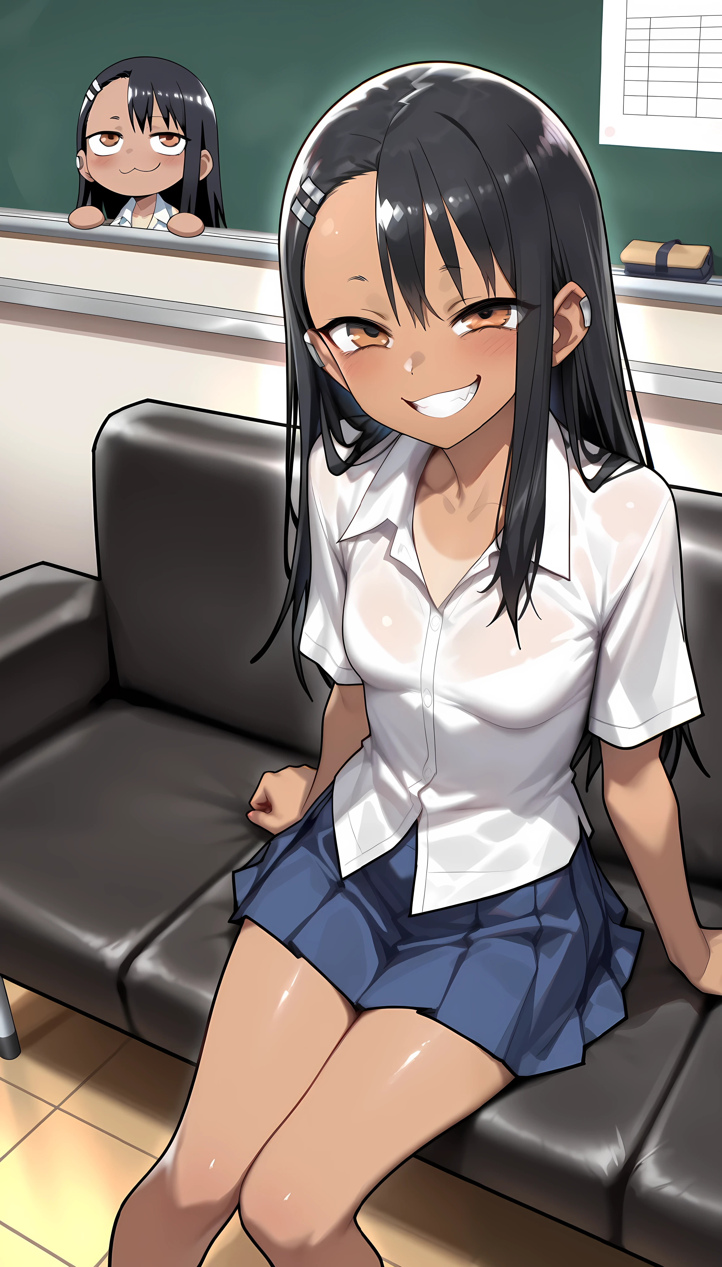Nagatoro Hayase, 1girl, solo, long hair, looking at viewer, smile, breasts, city background, butt, bare shoulders, teeth, tight shirt, short sleeves, closed mouth, black t-shirt,portrait, shorts, skin tight outfit, seductive, realistic, best quality, masterpiece, ultra detail, ultra high res, extreme detail, 8k