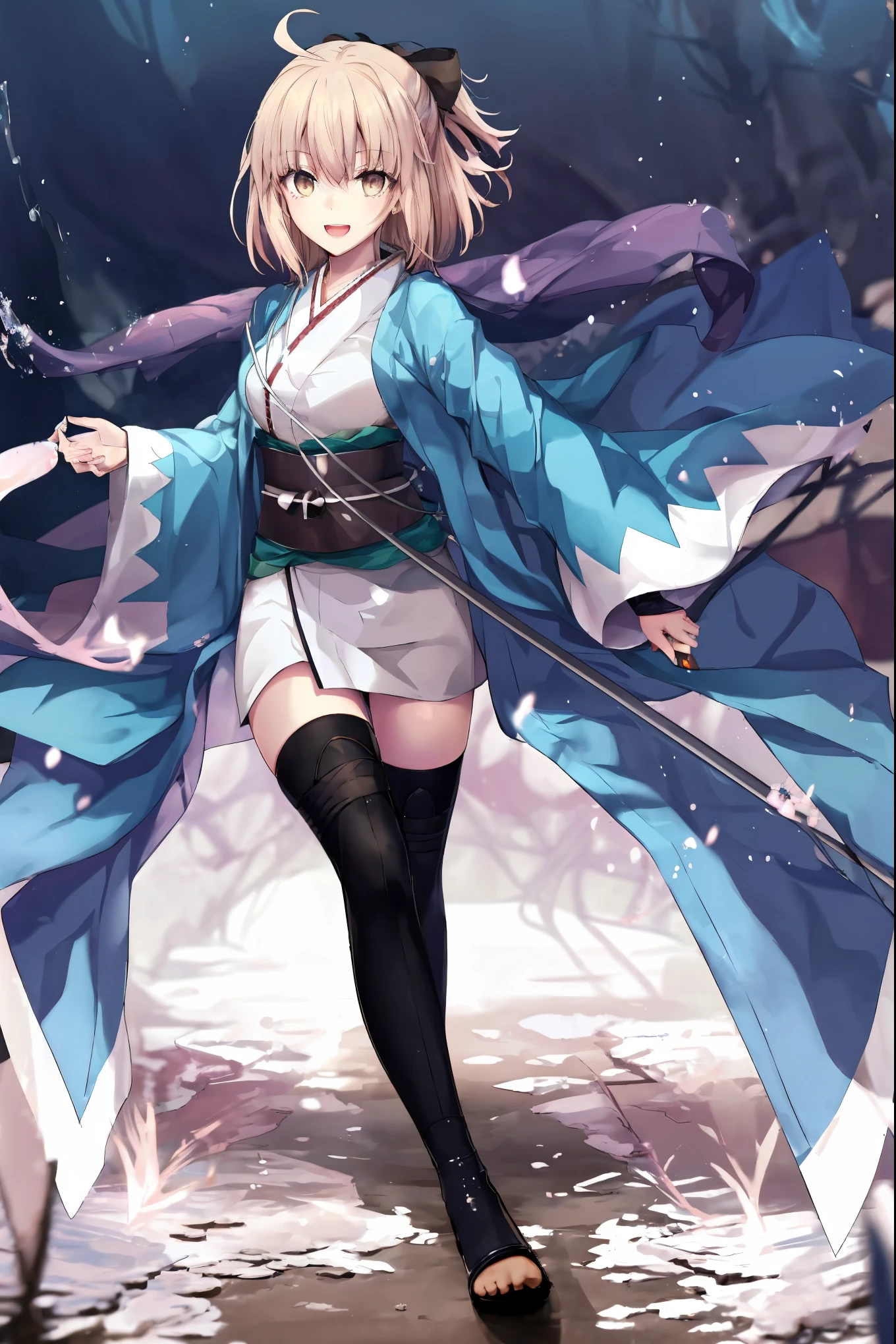 masterpiece, best quality, integrated scenery, integrated background, extremely delicate and beautiful, meticulous details, good composition, , cute face, perfect face, perfect hands, 1girl,okita souji \(FGO\), white_nosleeves_short_kimono,
 smile,happy,gold_half_eyes, thigh-highs, straw_sandals,medium_breasts, midriff , right leg forward , 1katana,old_japanese_city_background,black_long_muffler,knee, bragging_face, black_cloth_gauntlet,apart_legs,open_mouth,blue&white_japanese_jacket